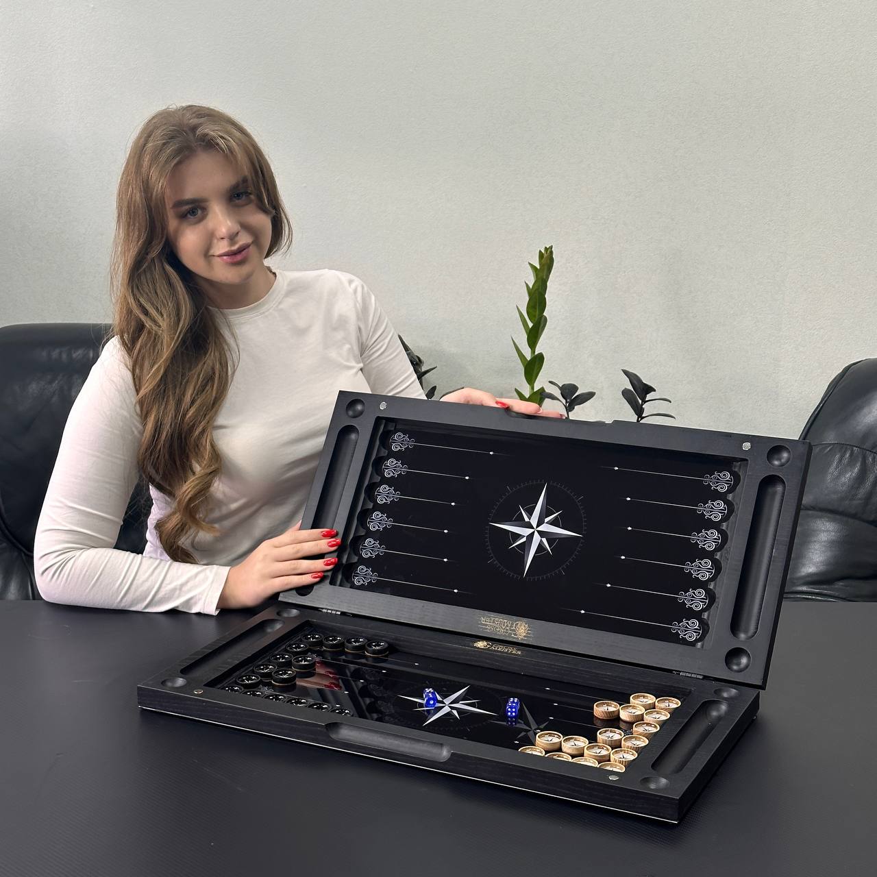 Large Glass&Wood Backgammon Set with Compass Star Wind Rose, Customized and Gift-ready