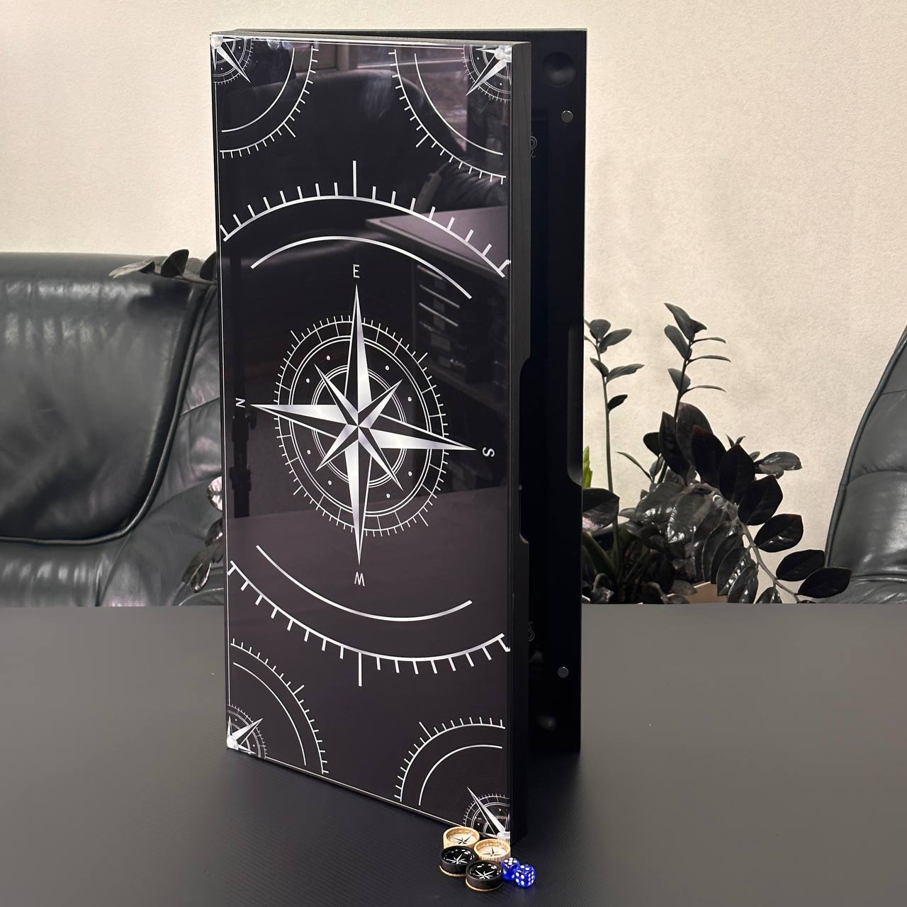 Large Glass&Wood Backgammon Set with Compass Star Wind Rose, Customized and Gift-ready