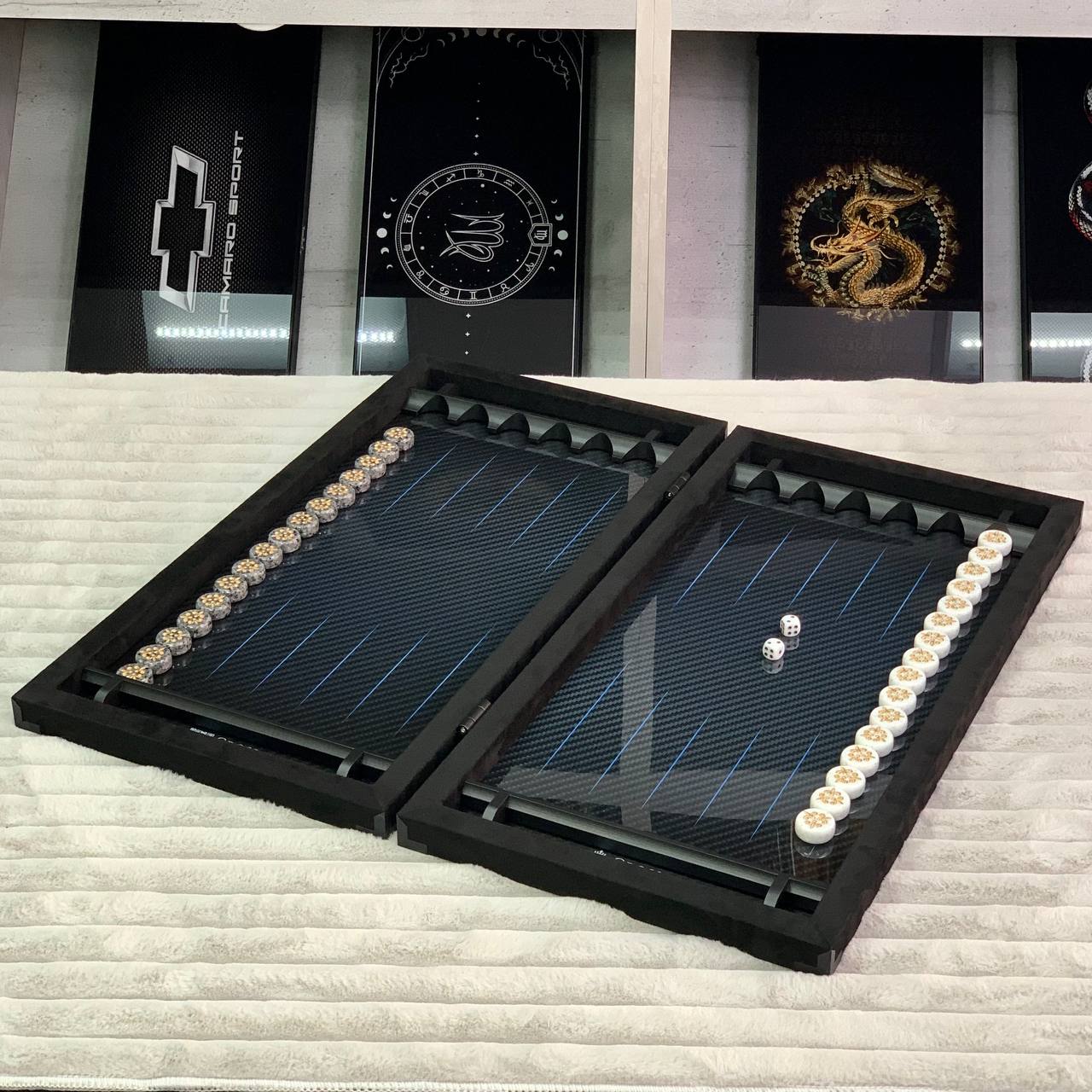 Luxurious Handmade Metal and Carbon Backgammon Set 60*30cm with acrylic stone pieces, Gift-ready VIP, blue lines