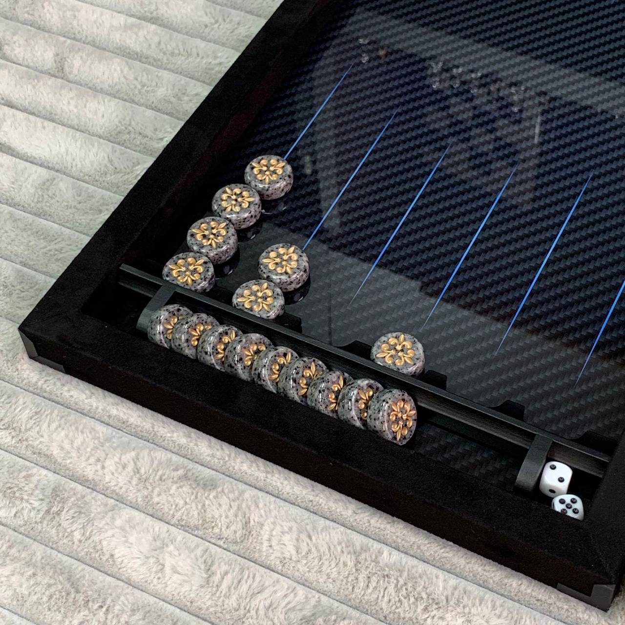 Luxurious Handmade Metal and Carbon Backgammon Set 60*30cm with acrylic stone pieces, Gift-ready VIP, blue lines