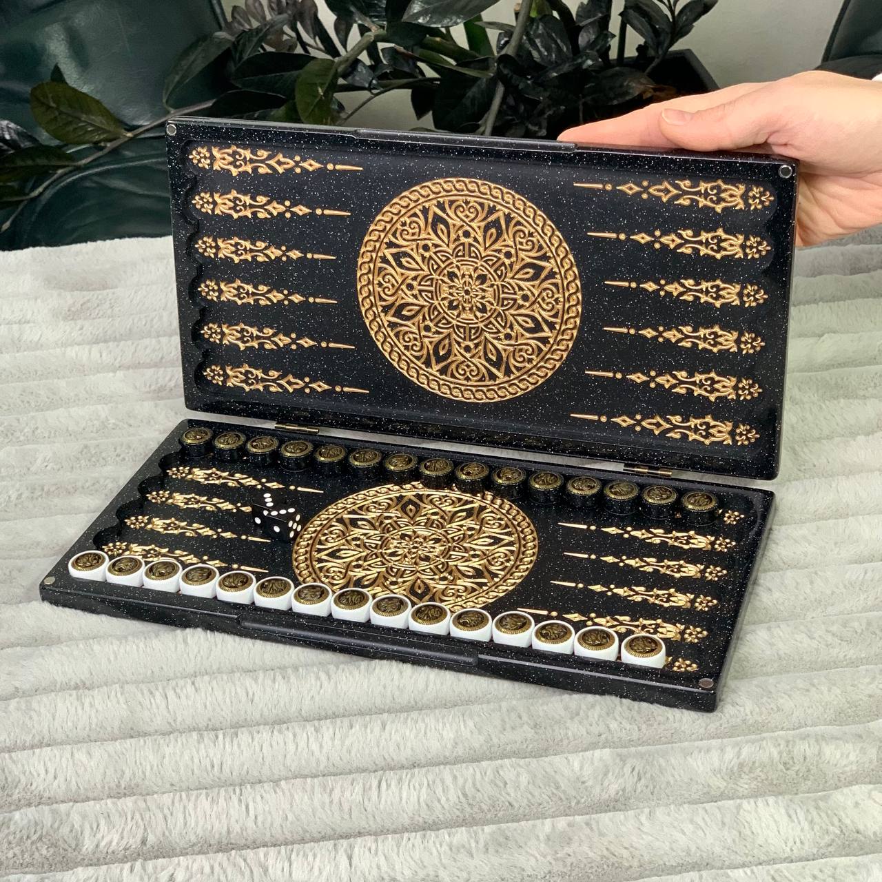 Luxury Black Acrylic Stone Backgammon "Golden Lion" Mini size 30*15cm, Gift-ready