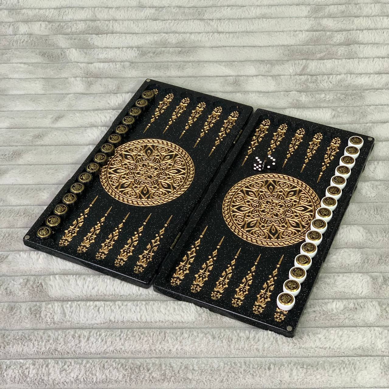 Luxury Black Acrylic Stone Backgammon "Golden Lion" Mini size 30*15cm, Gift-ready