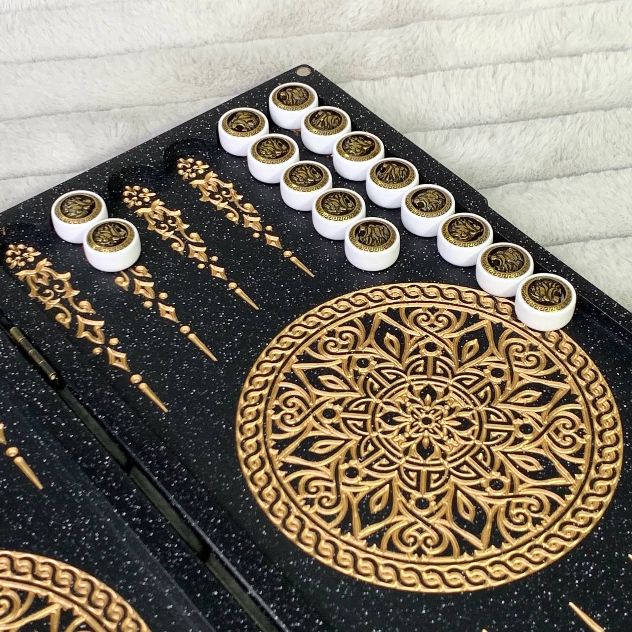 Luxury Black Acrylic Stone Backgammon "Golden Lion" Mini size 30*15cm, Gift-ready