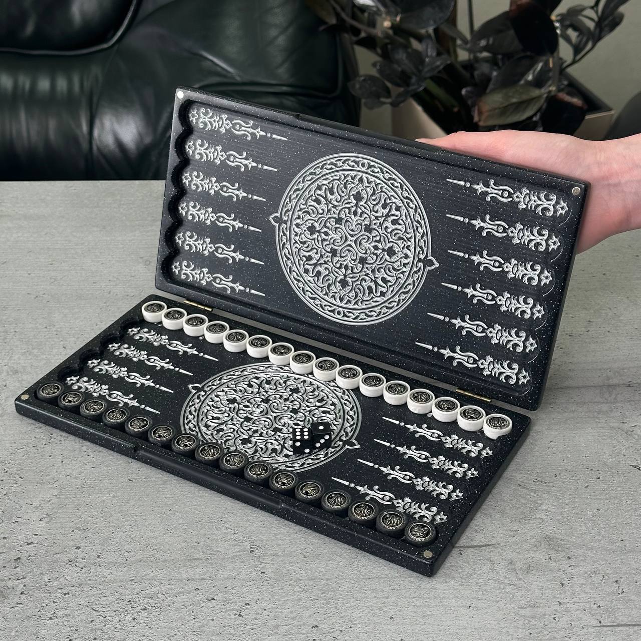 Luxury black acrylic stone backgammon MINI "Silver Lion" 30*15cm Travel size, Light version, stone board Gift-ready
