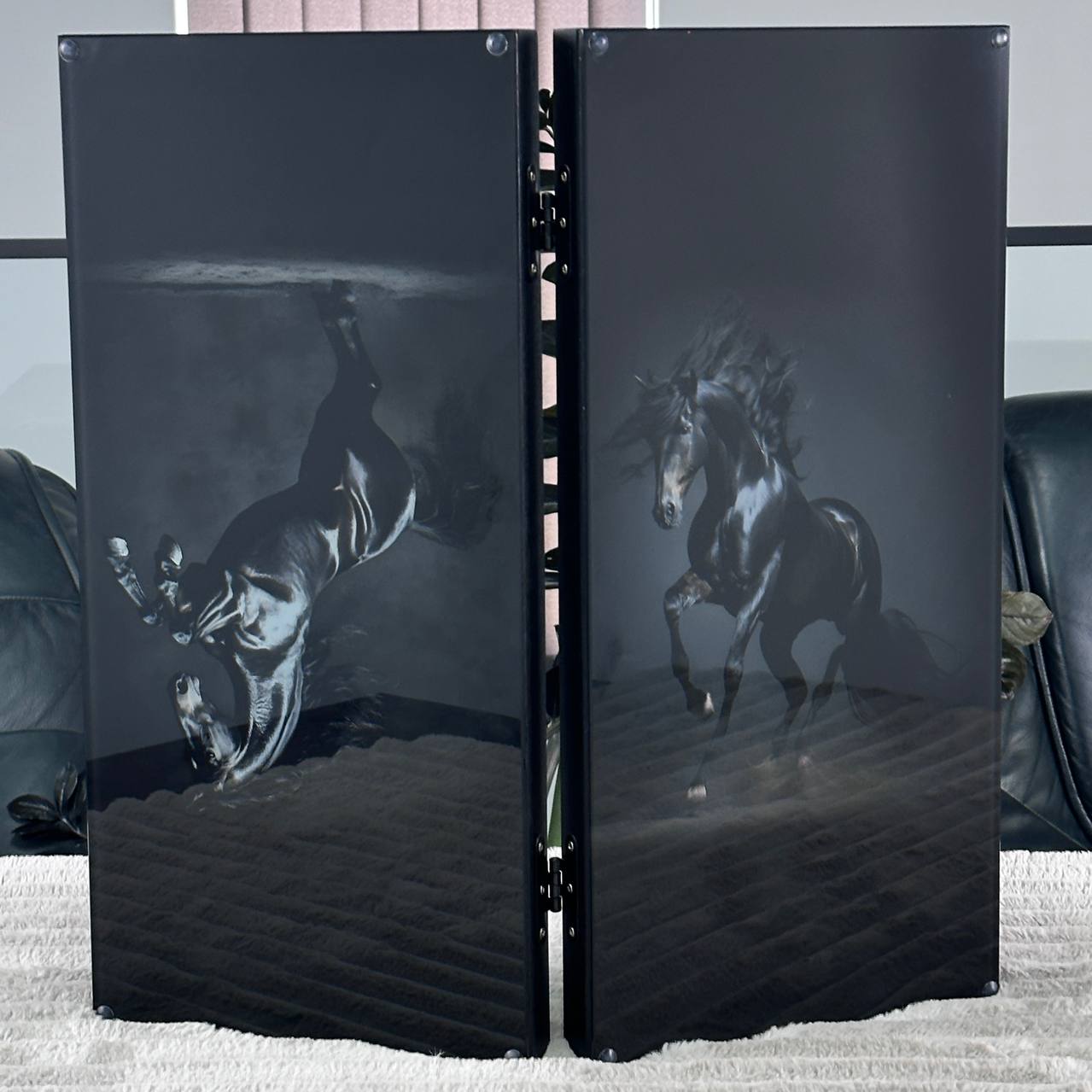 Handcrafted Glass&Wood Backgammon Set – Majestic Black Stallion Edition