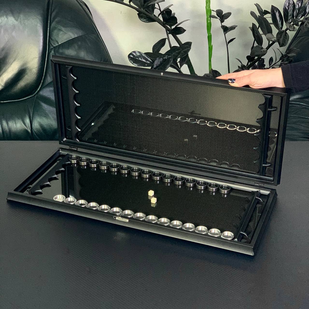 Exclusive Carbon Backgammon Set in Aluminum Basis, 61*26.5cm, Gift-ready