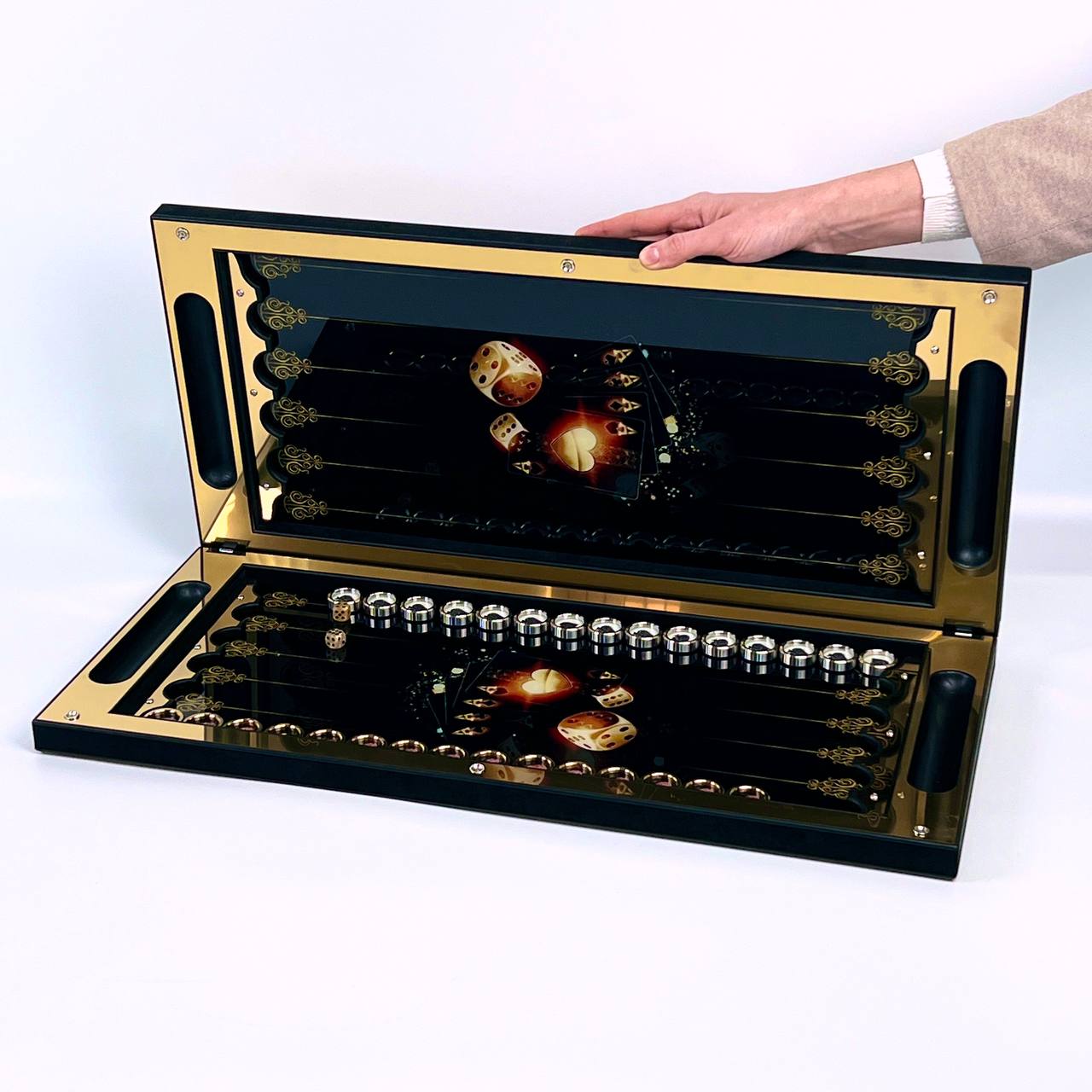 Backgammon de luxe en métal avec verre trempé - Design exclusif, fait à la main, personnalisable