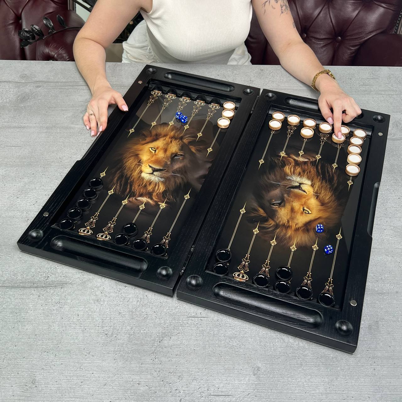Lion Glass & Wood Backgammon Set