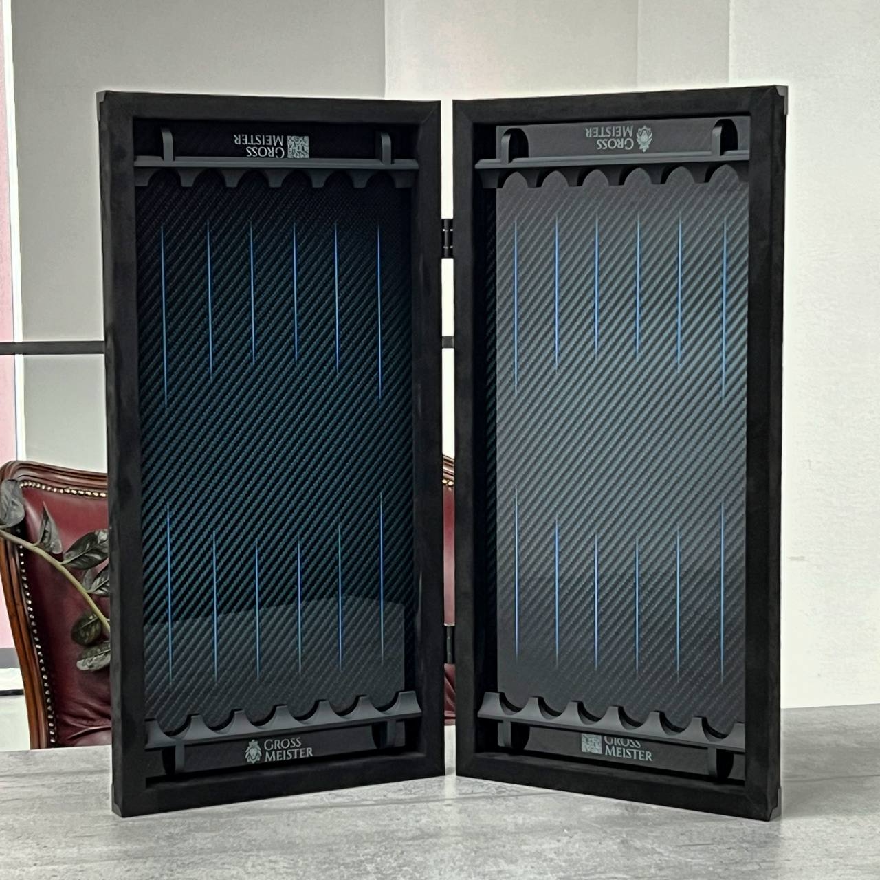 Luxurious Handmade Metal and Carbon Backgammon Set 60*30cm with acrylic stone pieces, Gift-ready VIP, blue lines