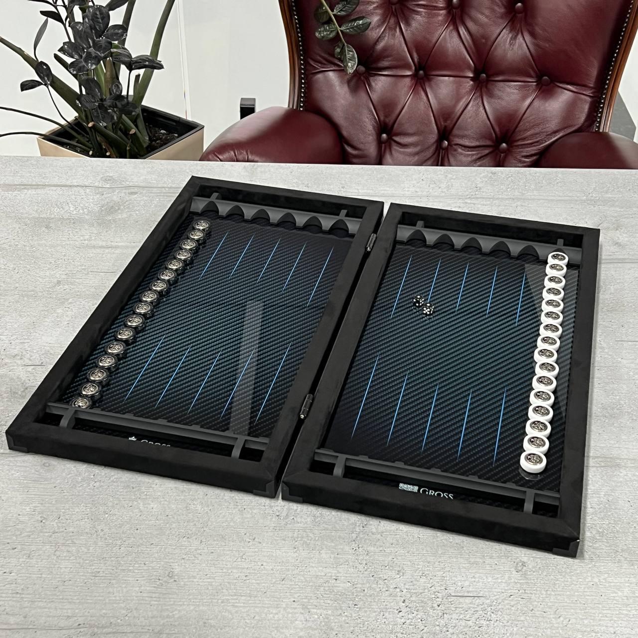 Luxurious Handmade Metal and Carbon Backgammon Set 60*30cm with acrylic stone pieces, Gift-ready VIP, blue lines