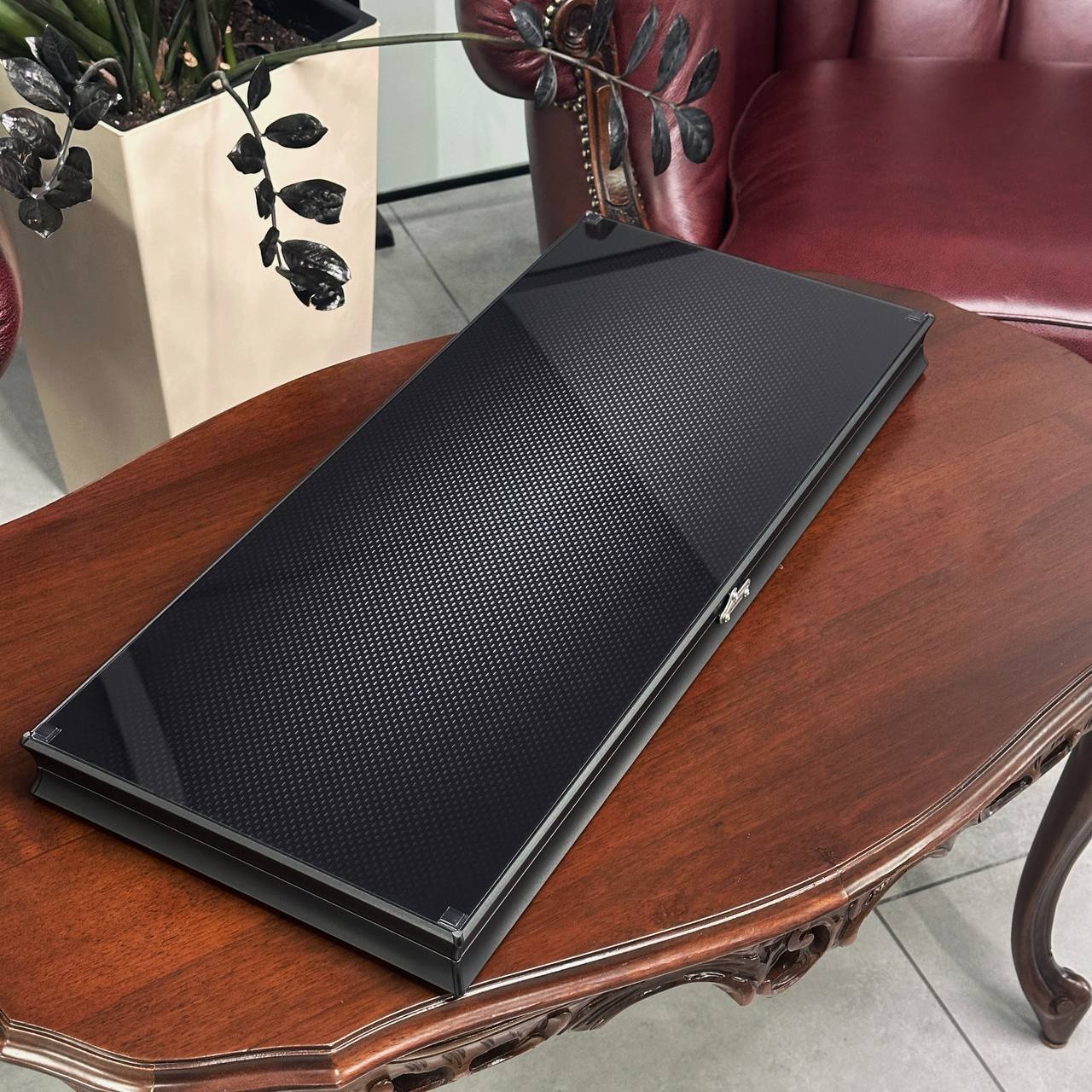 Exclusive Glass Backgammon with PREMIUM CHEKERS "Carbon-design" 61×27 cm, Gift-ready