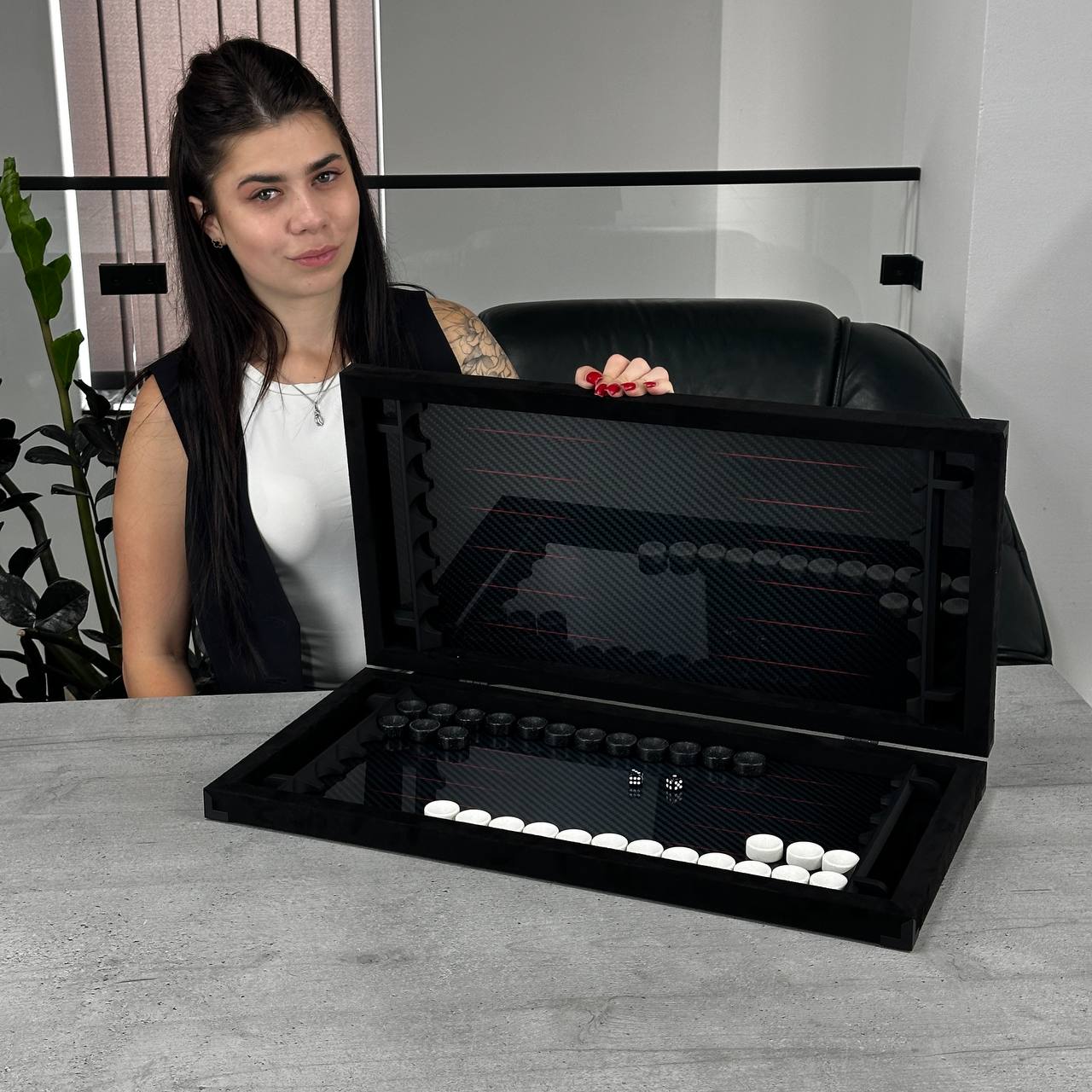 Exclusive Carbon Backgammon Set in Aluminum Frame with Glass Interior, 60*30 cm, Art.555000 Gift-ready