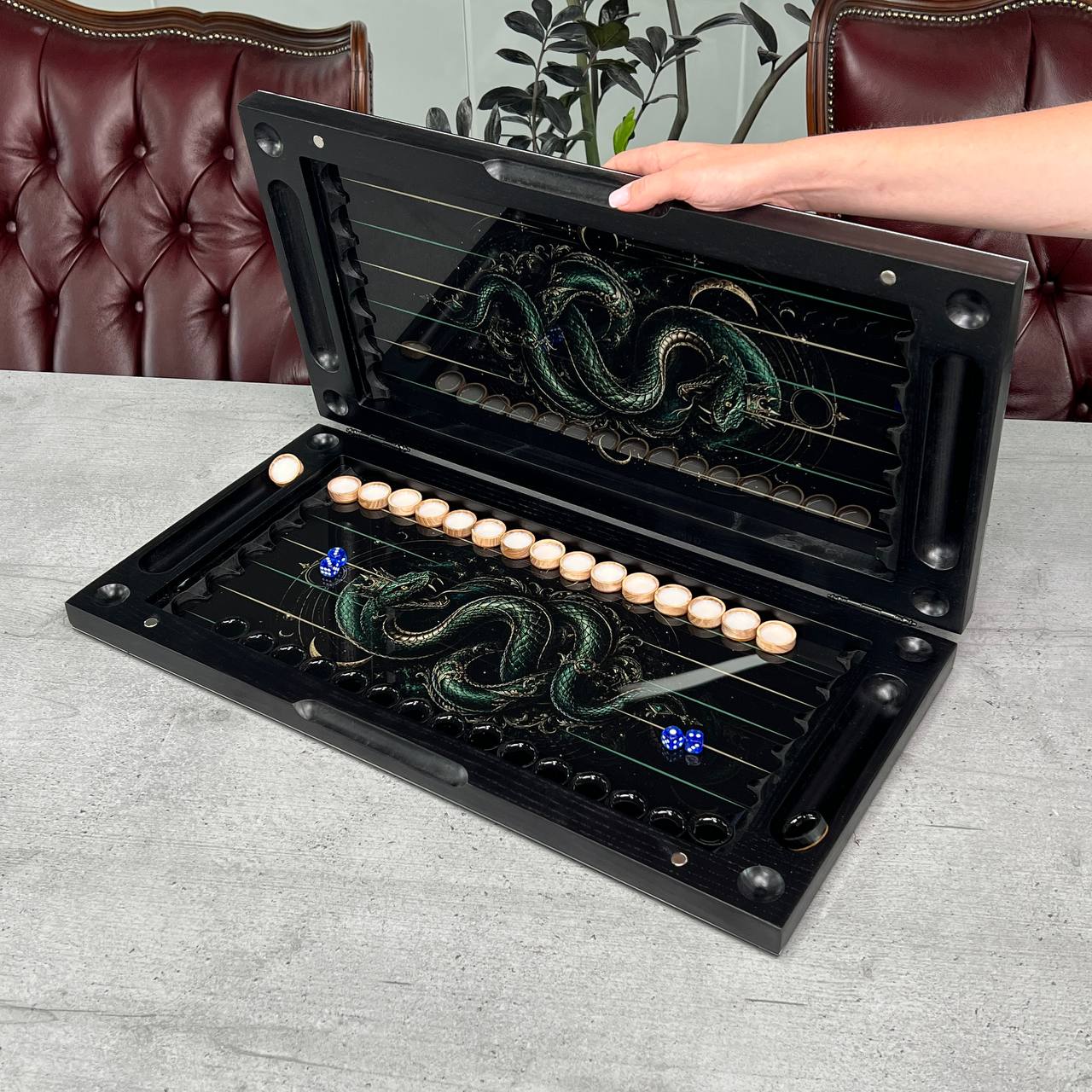 Sovereign Dragon & Cosmic Cancer Glass&Wood Backgammon Set — Luxury Game Board Gift
