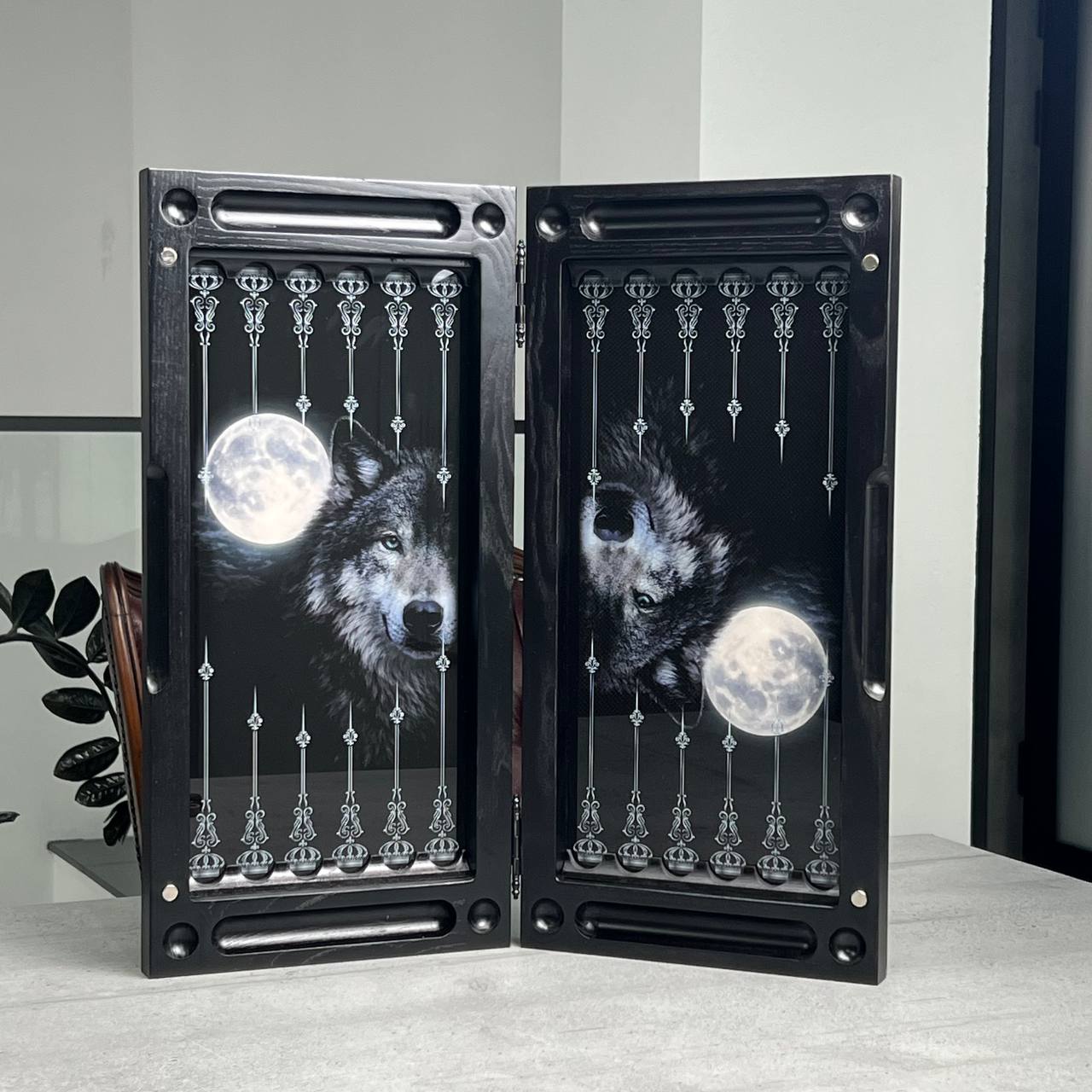 Wolf & Moon Collection Glass & Wood Backgammon Set