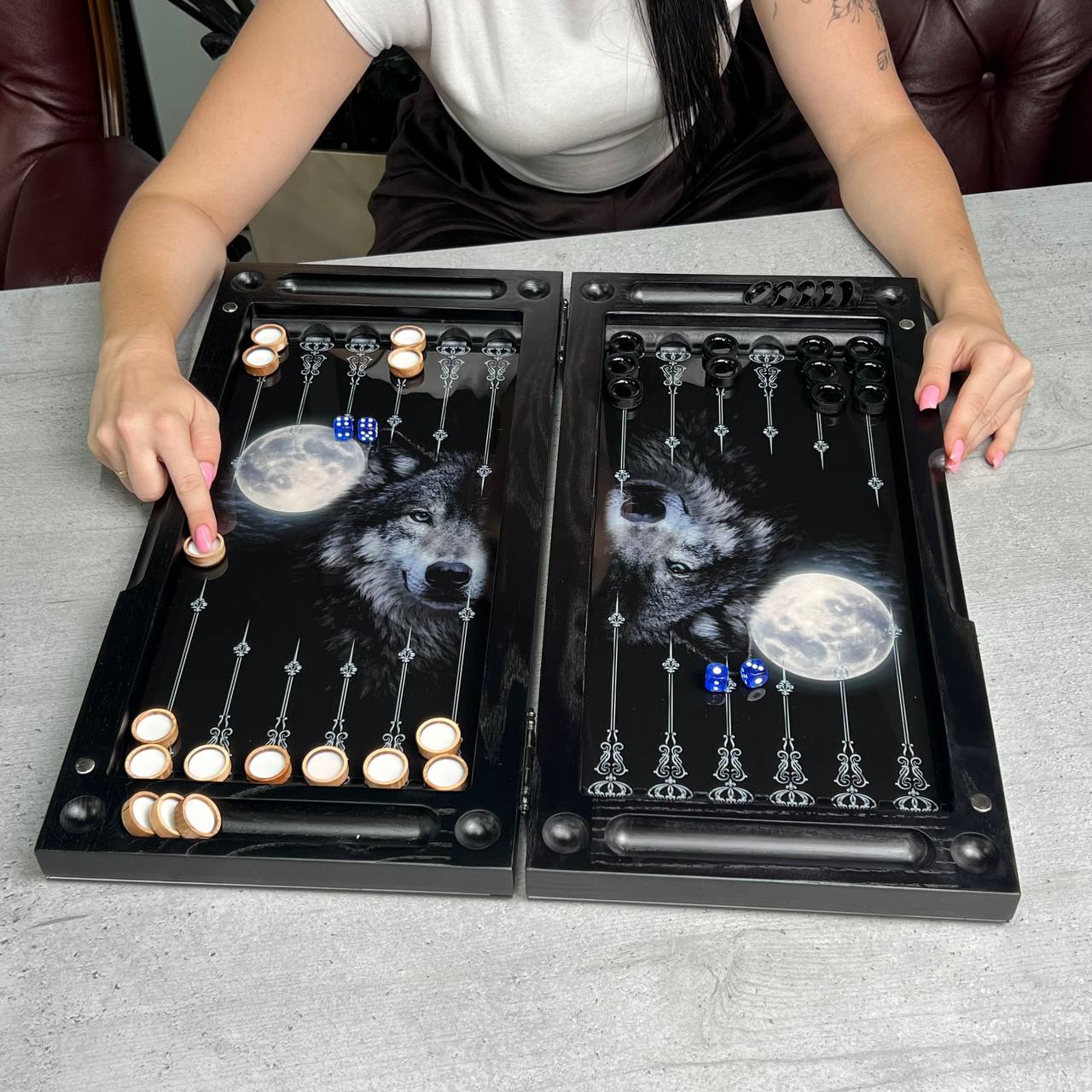Wolf & Moon Collection Glass & Wood Backgammon Set