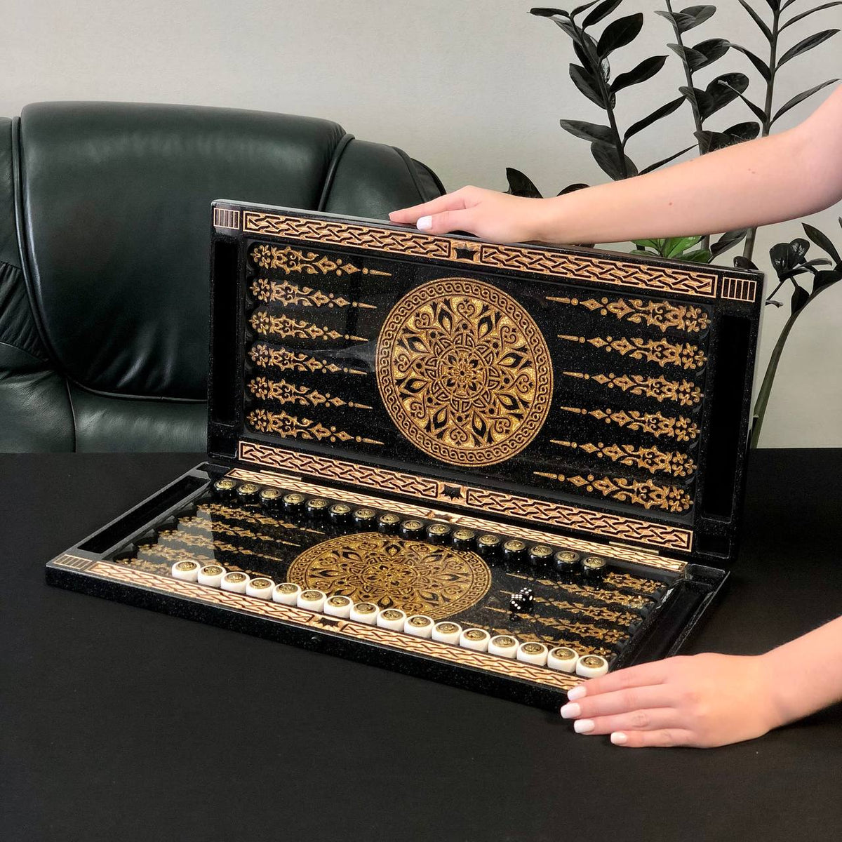 Black and Gold Ornamental Stone Backgammon Set Premium Edition – Large 24”