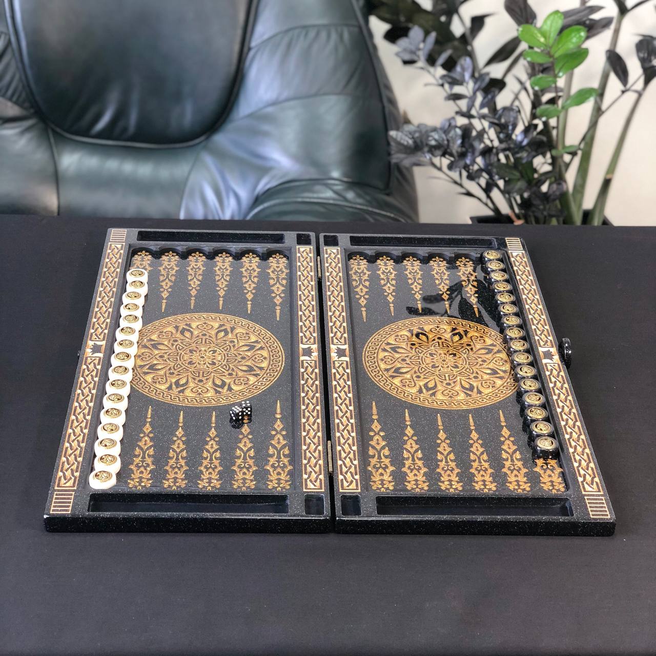 Black and Gold Ornamental Stone Backgammon Set Premium Edition – Large 24”