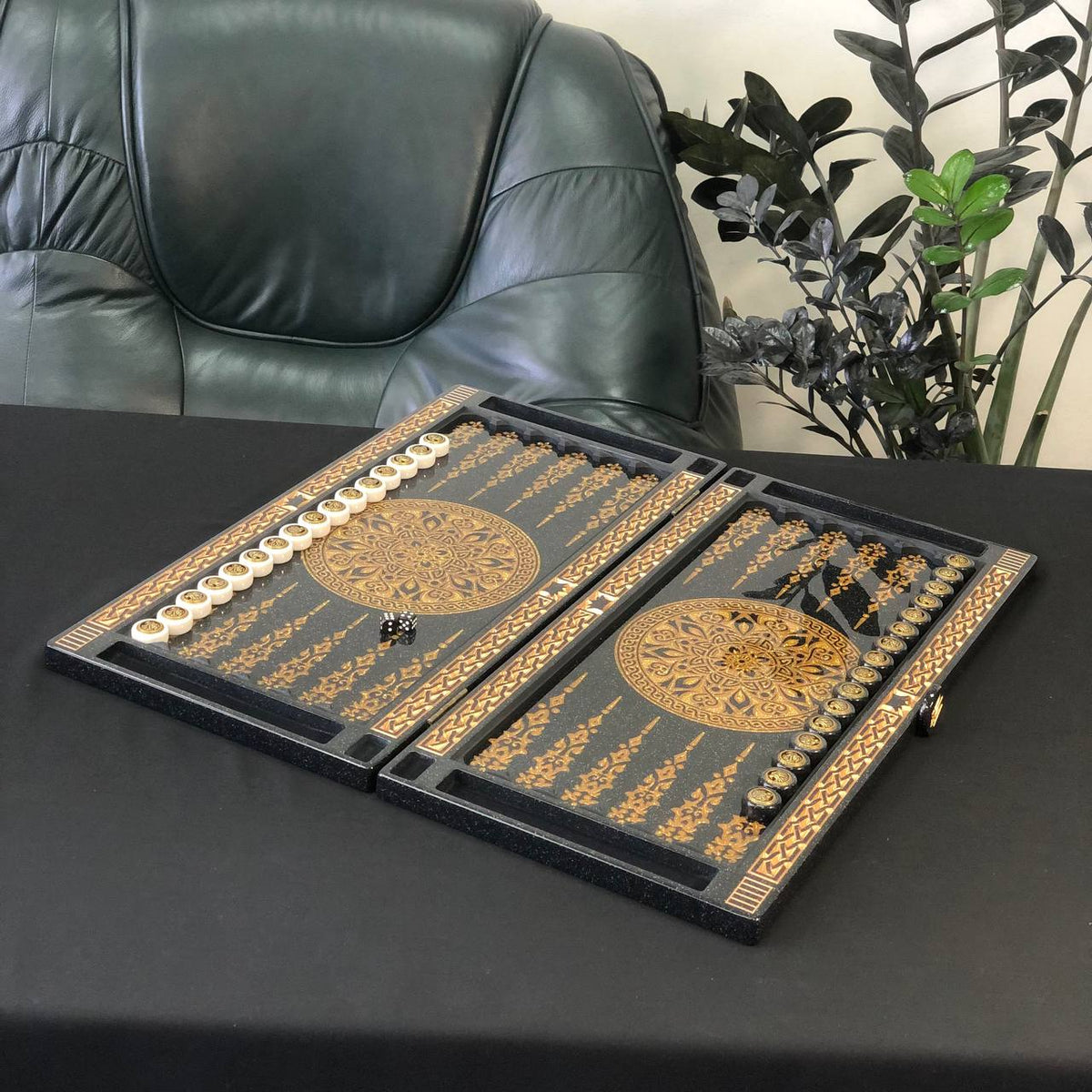 Black and Gold Ornamental Stone Backgammon Set Premium Edition – Large 24”