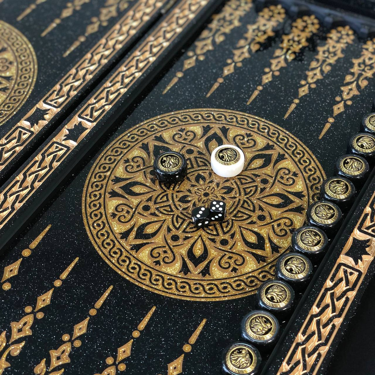 Black and Gold Ornamental Stone Backgammon Set Premium Edition – Large 24”