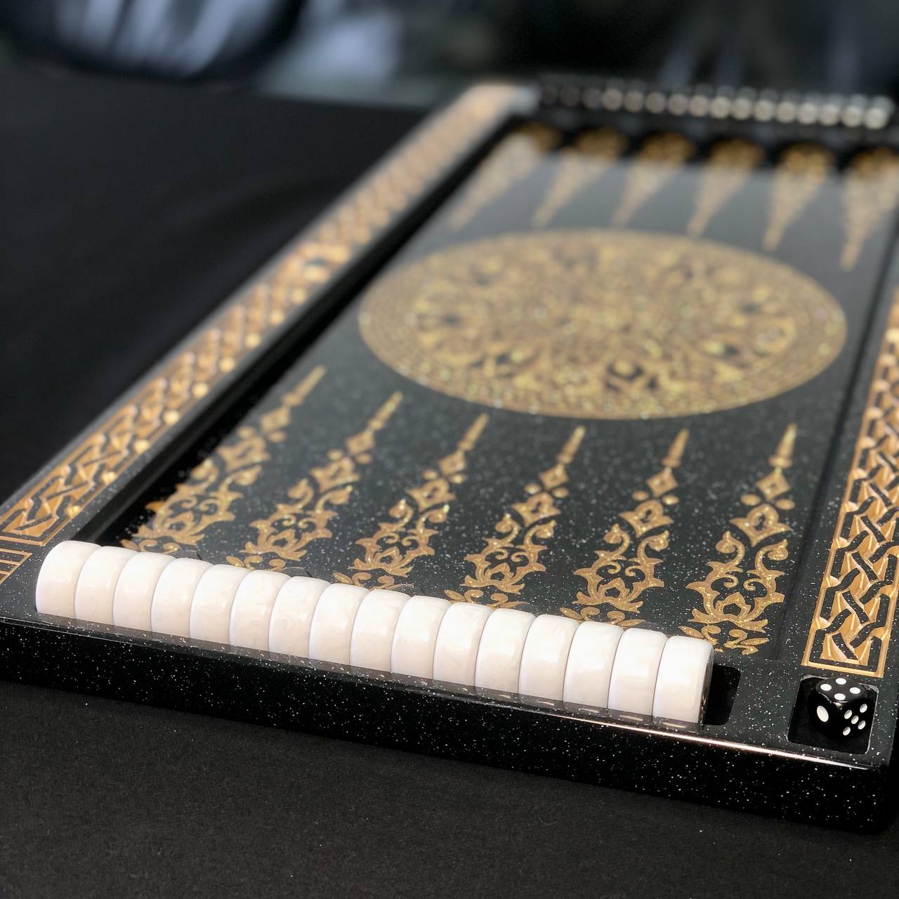 Black and Gold Ornamental Stone Backgammon Set Premium Edition – Large 24”