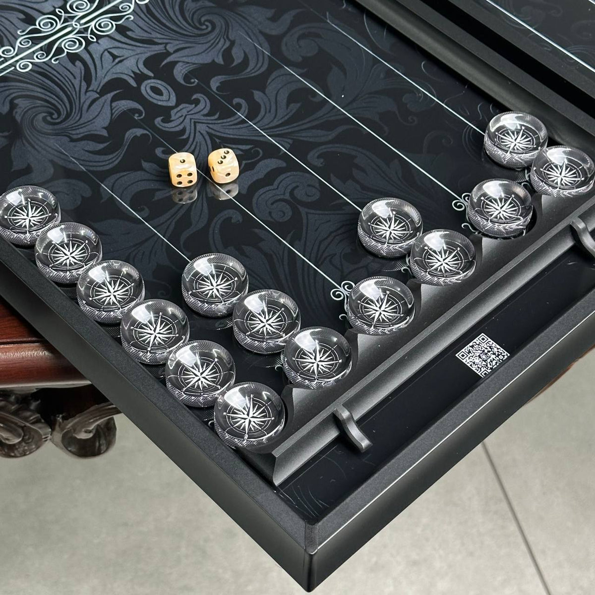 Black Abstract Glass Backgammon Set with Premium Metal Checkers – Large 24”