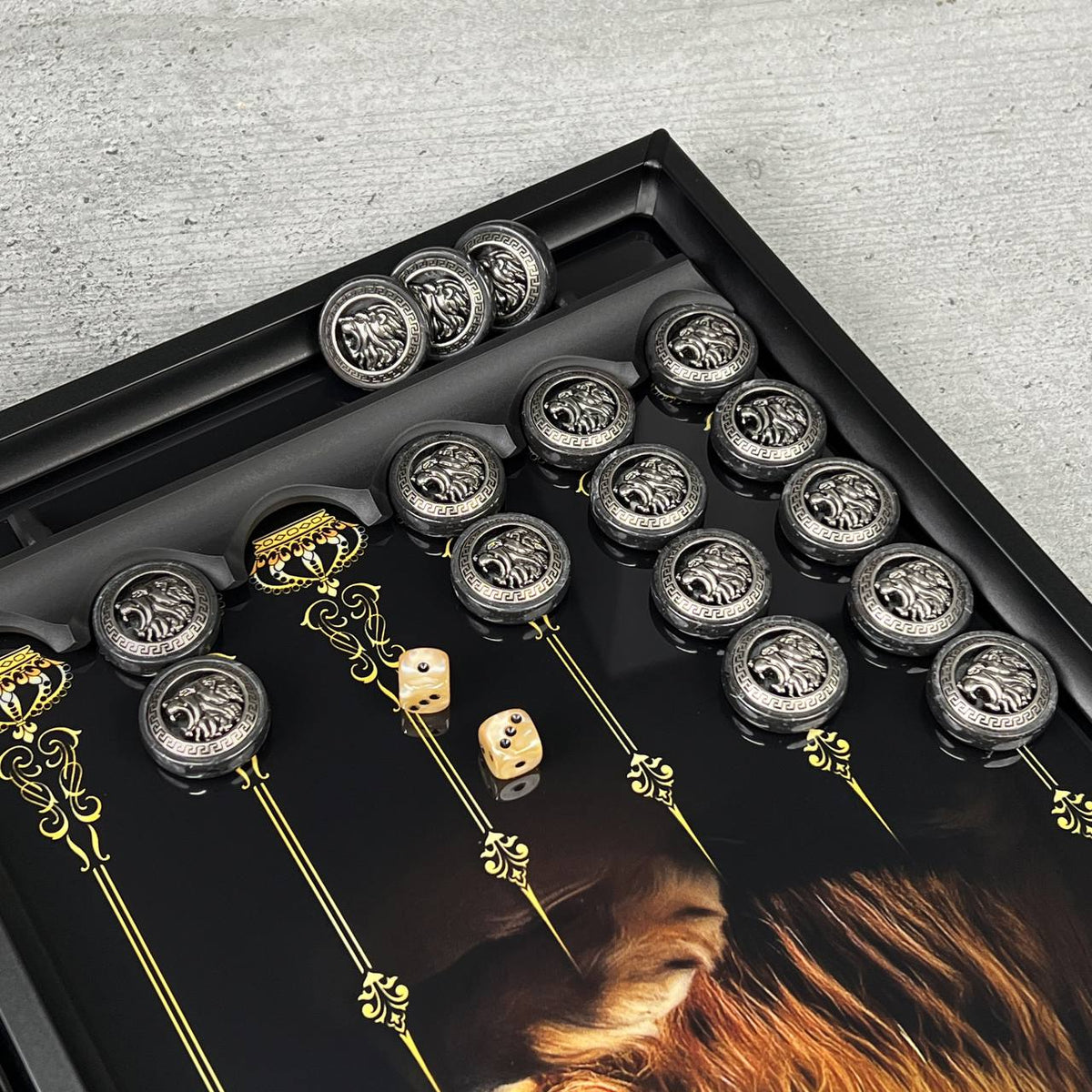 Grey Lion Glass Backgammon Set with Stone Checkers – Large 24”