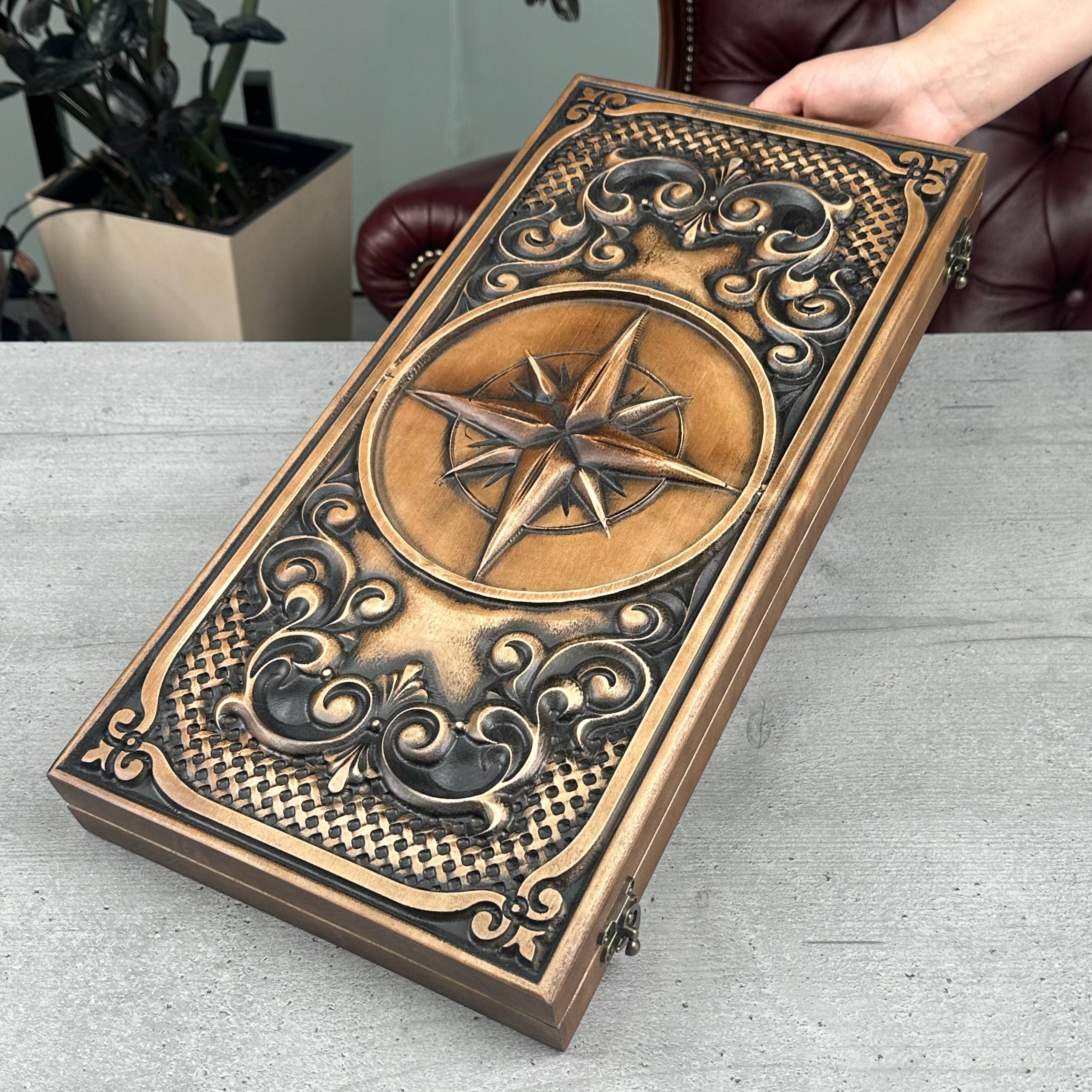 Compass Rose & Dragon Wooden Backgammon Set – Personalized Checkers – 18"