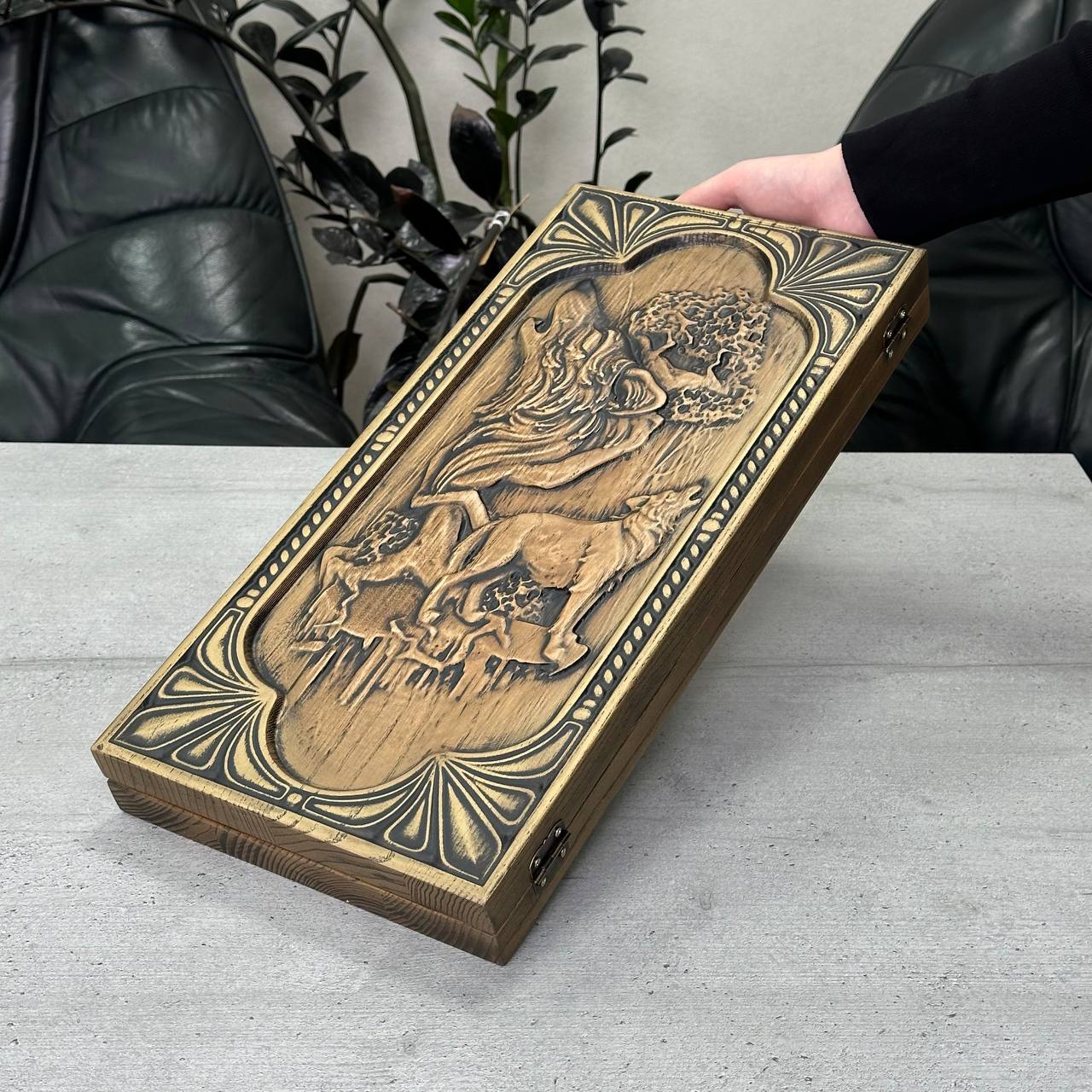 Wooden backgammon board game set "Wolf", Gift-ready and Customized.