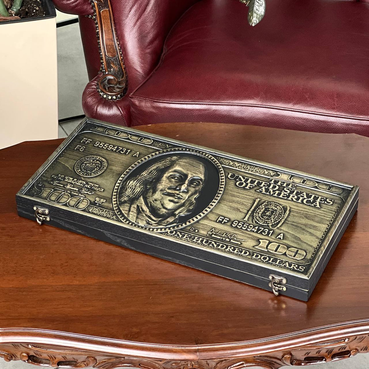 Hölzernes Backgammon-Brettspielset „Dollar“, 46×23×3cm, geschenkfertig und individuell anpassbar.