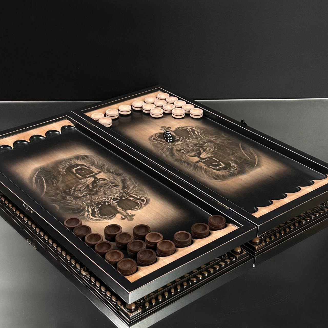 Wooden Backgammon "Lion" Set - 50*23mm, Luxury Ash Wood, Carved Design, Gift-Ready