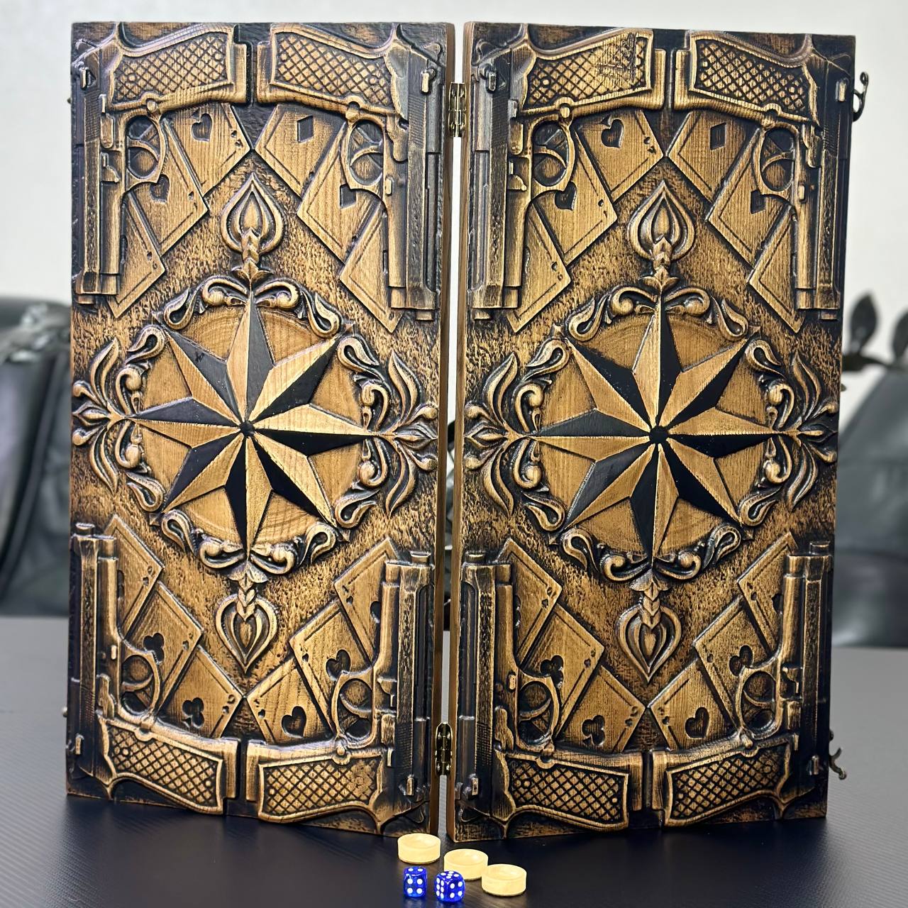 Wooden Backgammon "Star and Pistols" – Brutal Style & Uncompromising Quality Gift-ready