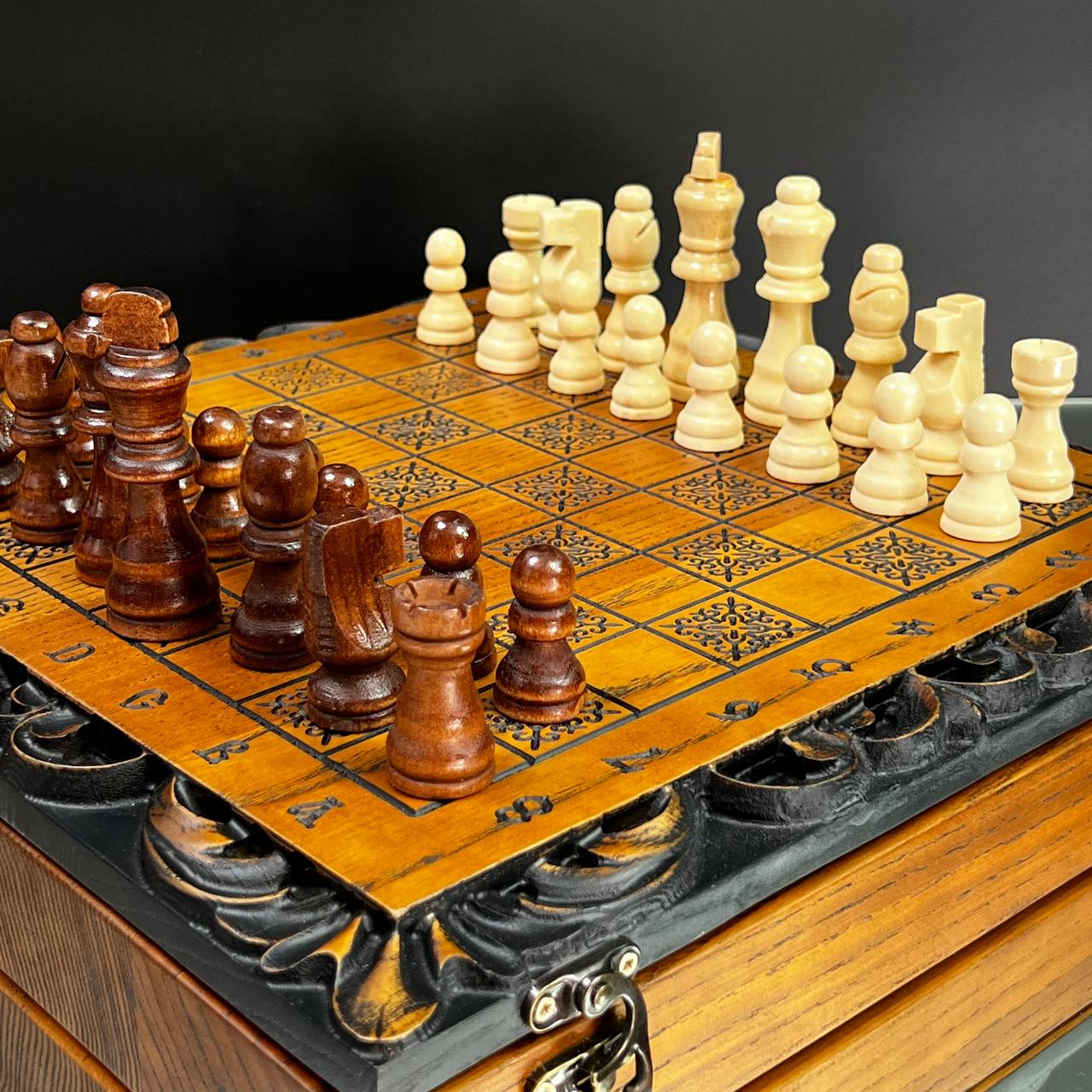 Lion Wooden Chess Set with Checkers – Handcrafted Oak – 13"