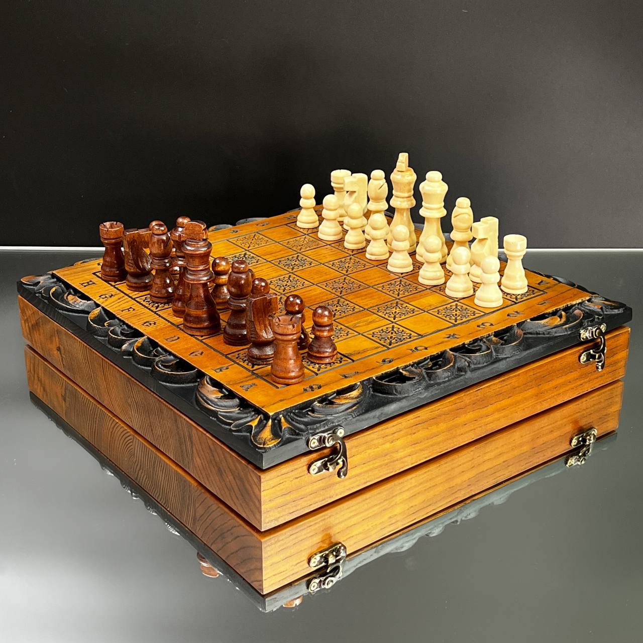 Lion Wooden Chess Set with Checkers – Handcrafted Oak – 13"