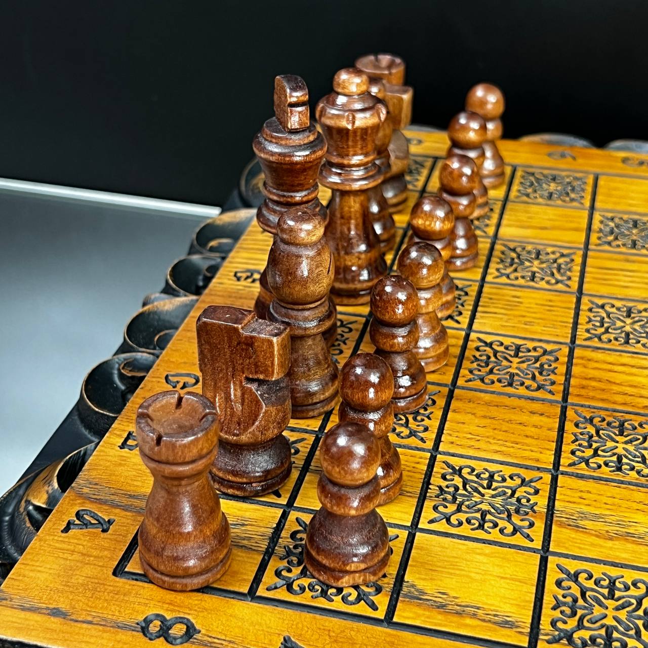 Lion Wooden Chess Set with Checkers – Handcrafted Oak – 13"