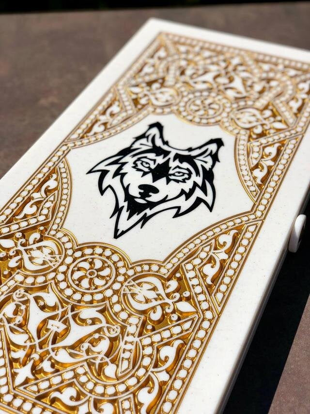 Luxury White Acrylic Stone Backgammon Set – "Wolf" Design – 58×28 cm | Gift-ready | Free Global Delivery