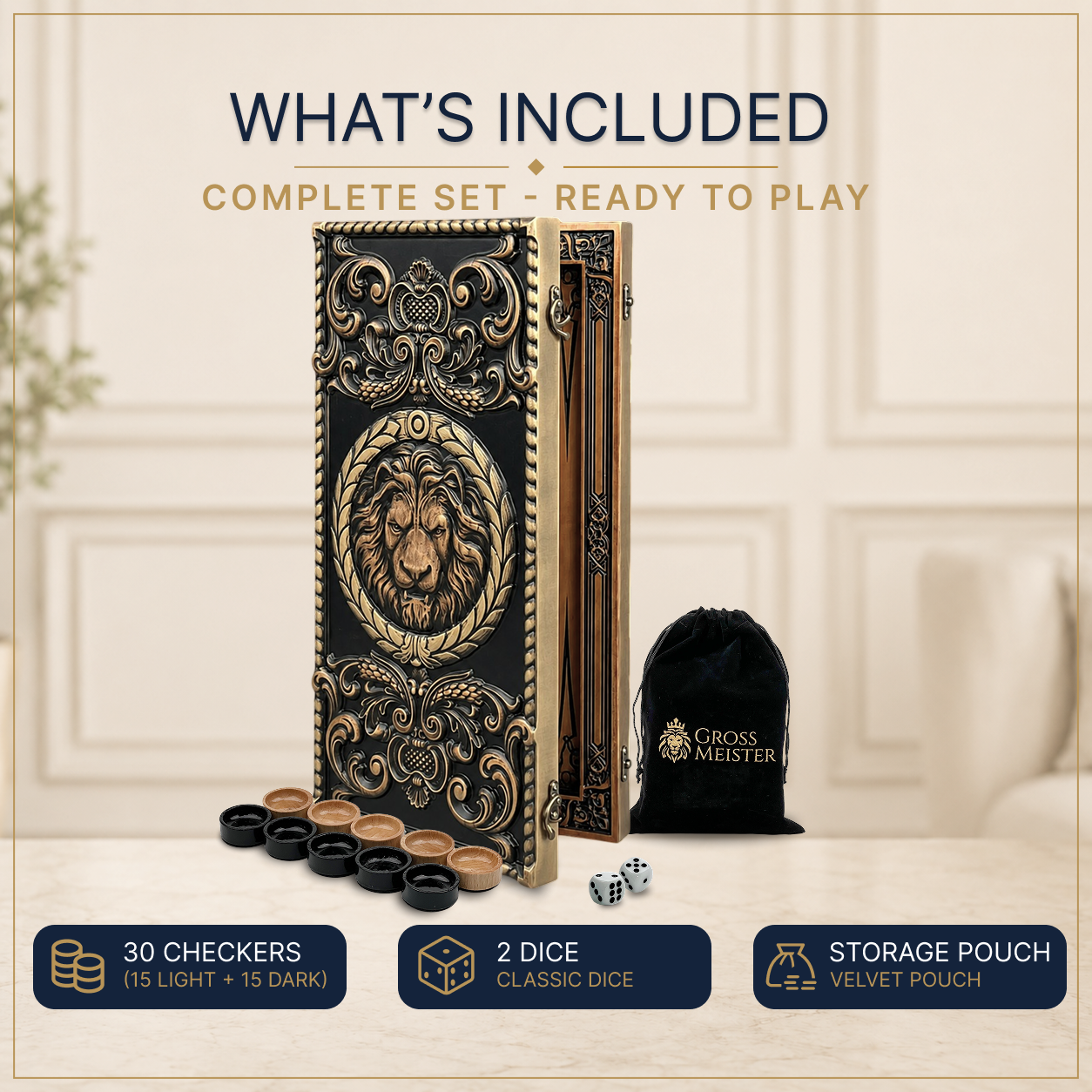 Guardian Lion Wooden Backgammon Set – Ash Wood