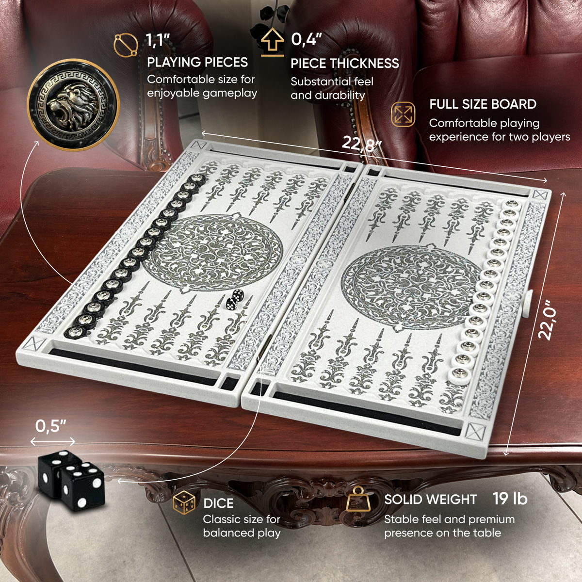 Silver Lion White Stone Backgammon Set 24"