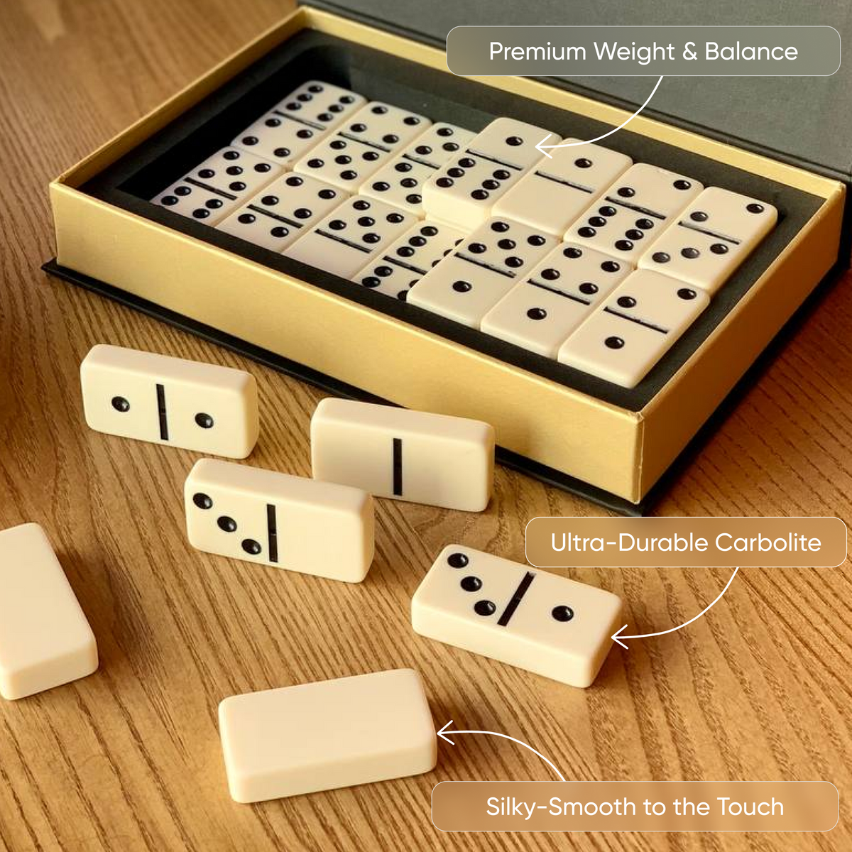 Elegantes Acryl-Domino-Set in Holzbox | Karton, 53 x 27 x 12 mm Dominogröße. Geschenkfertig