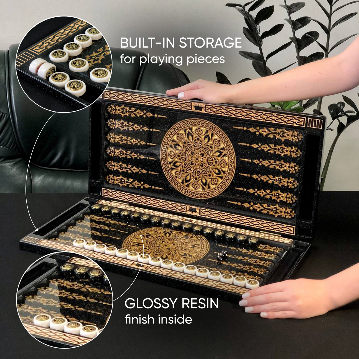 Luxuriöses Backgammon aus Acrylsteinen in Schwarz und Gold, 58×28 cm, Steinbrett, fertig zum Verschenken