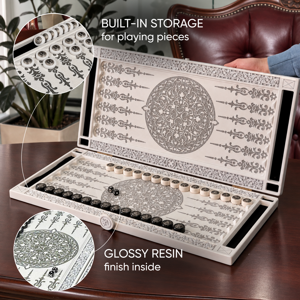 Silver Lion White Stone Backgammon Set 24"