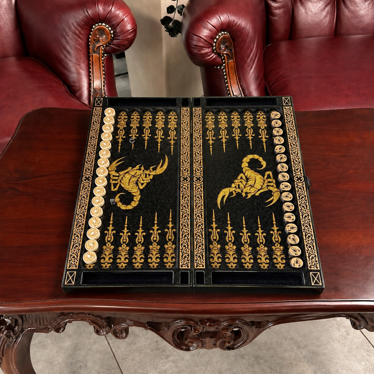 Backgammon de luxe en pierre acrylique noire « Scorpion » – 58 × 28 cm | Réf. 190640 