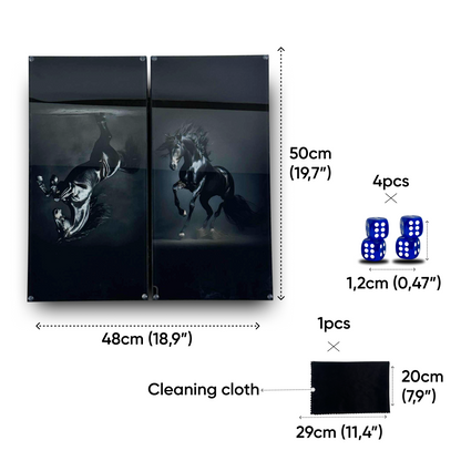 Handcrafted Glass&Wood Backgammon Set – Majestic Black Stallion Edition
