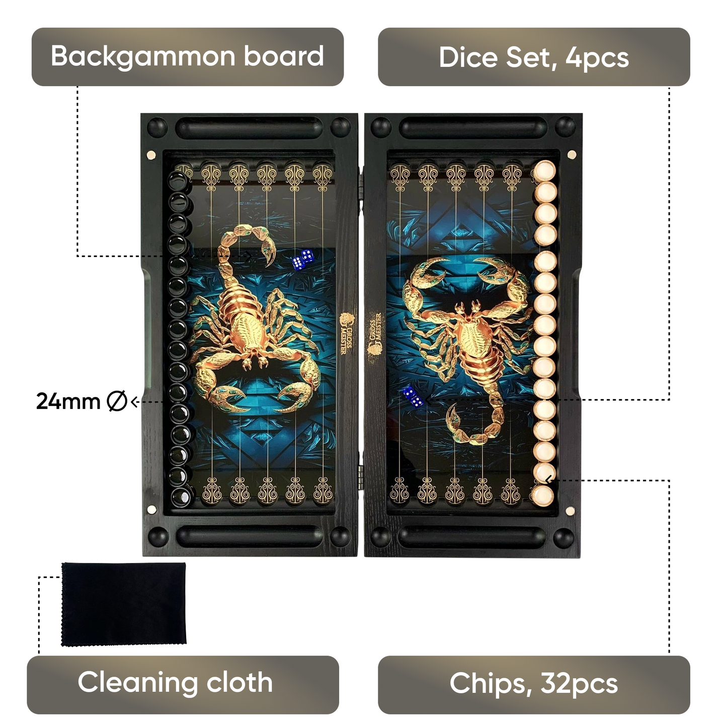 Luxury Glass&Wood Backgammon Set — Golden Scorpion Edition (19.7")  — Gift for Him