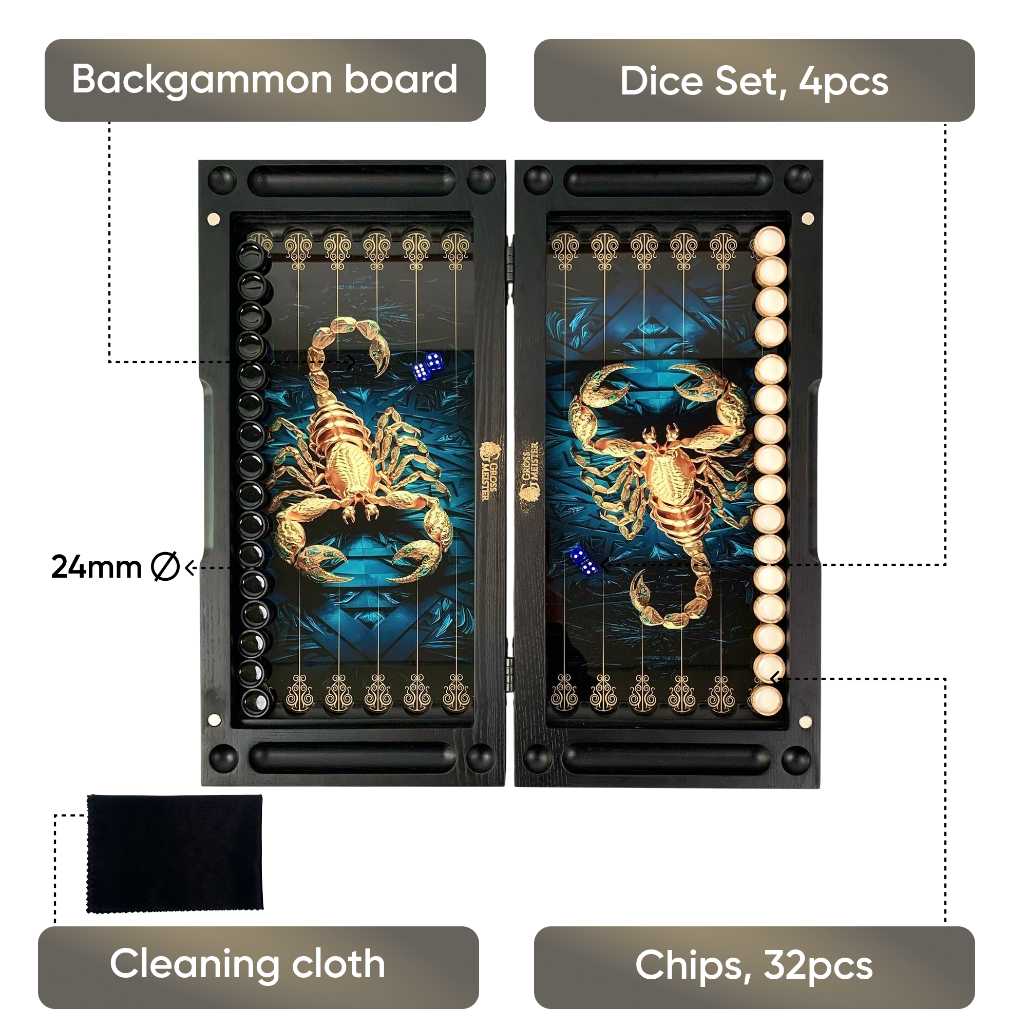 Luxury Glass&Wood Backgammon Set — Golden Scorpion Edition (19.7")  — Gift for Him