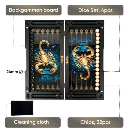 Luxury Glass&Wood Backgammon Set — Golden Scorpion Edition (19.7")  — Gift for Him