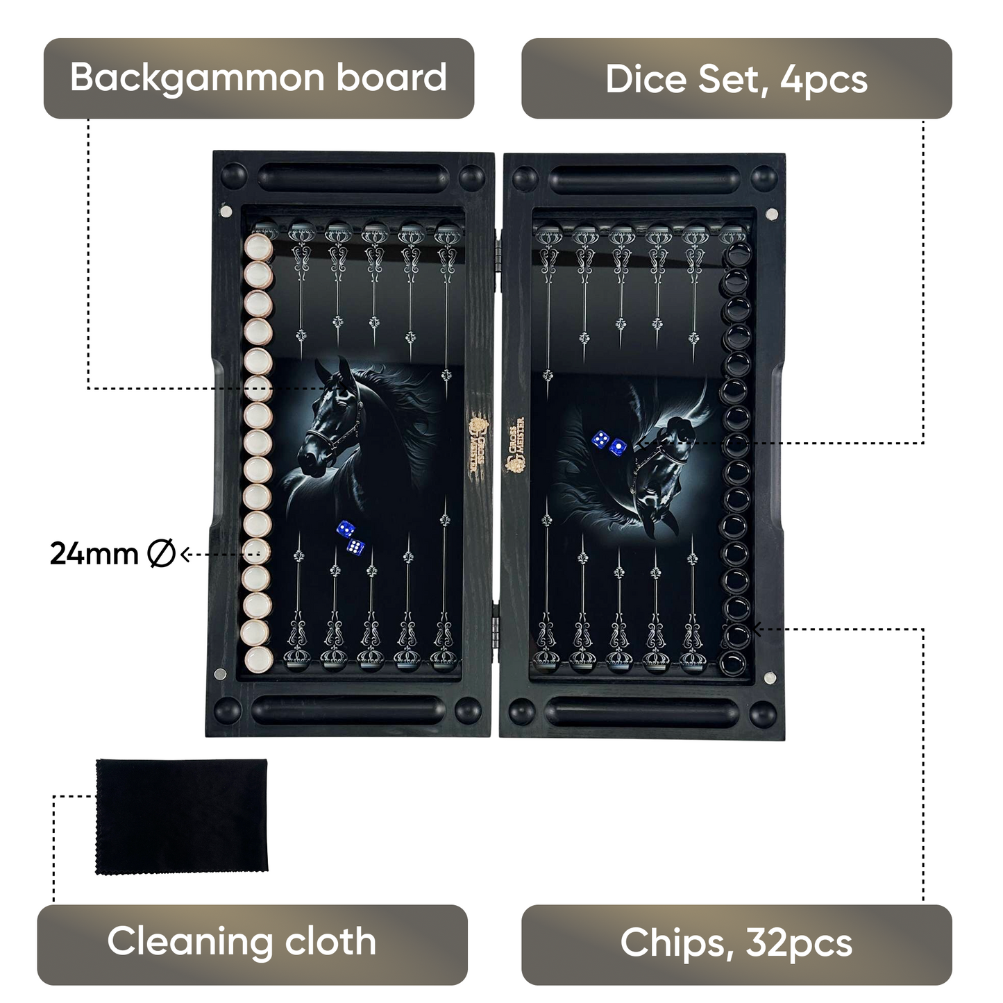 Handcrafted Glass&Wood Backgammon Set – Majestic Black Stallion Edition