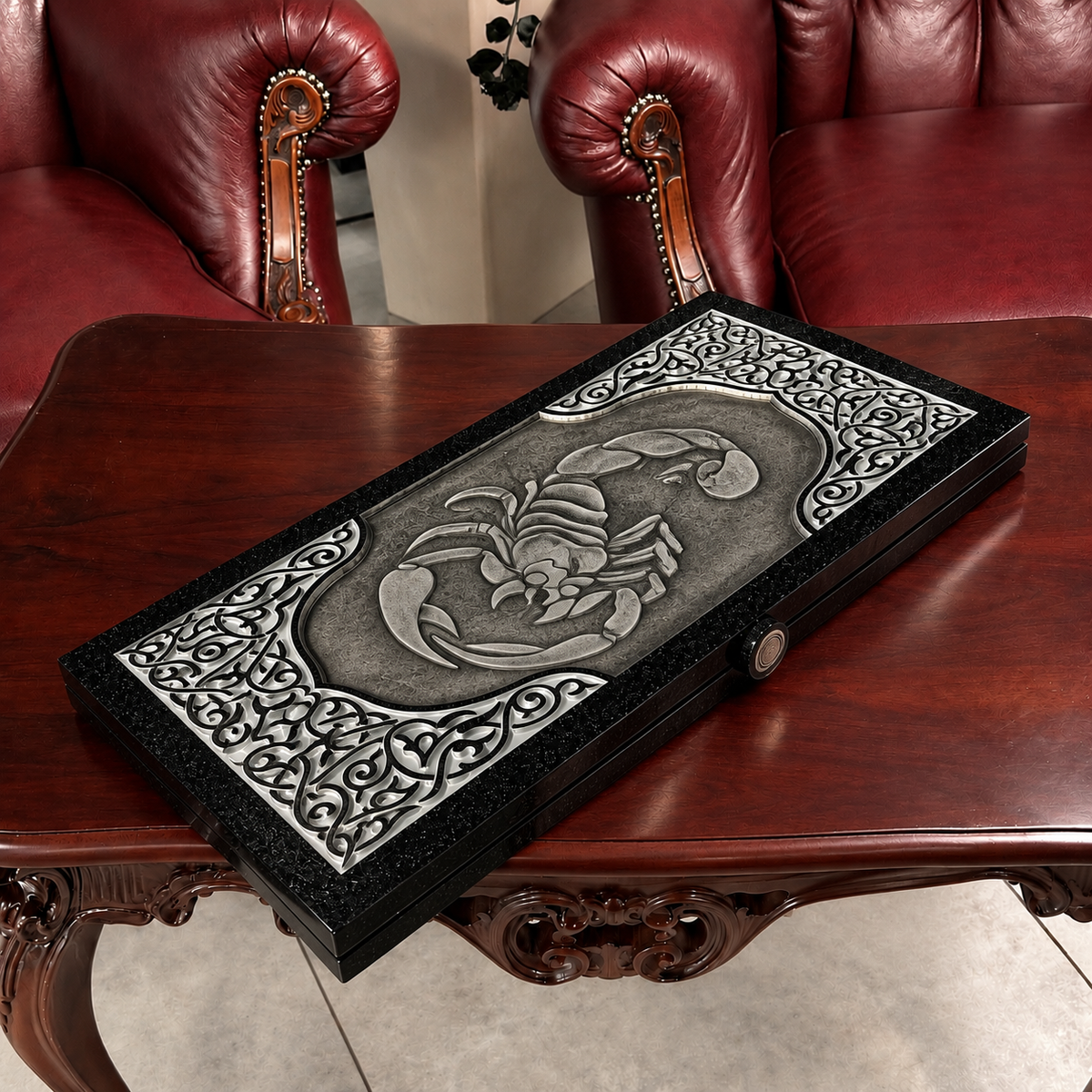Luxus-Backgammon aus schwarzem Acrylstein „Skorpion“ – 58×28 cm | Art. 190640 
