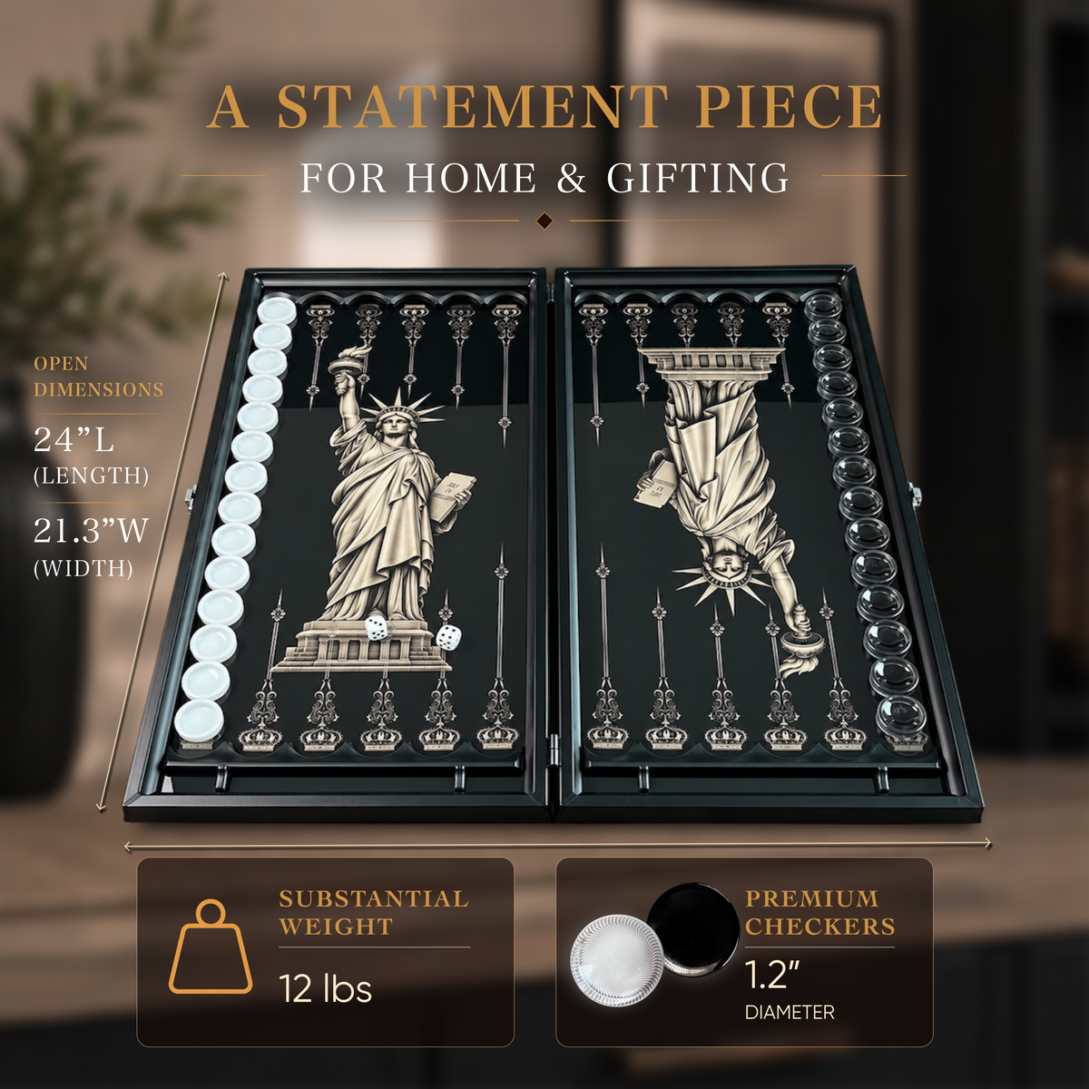 Statue of Liberty Glass Backgammon Set – Luxury New York Edition, Large 24"