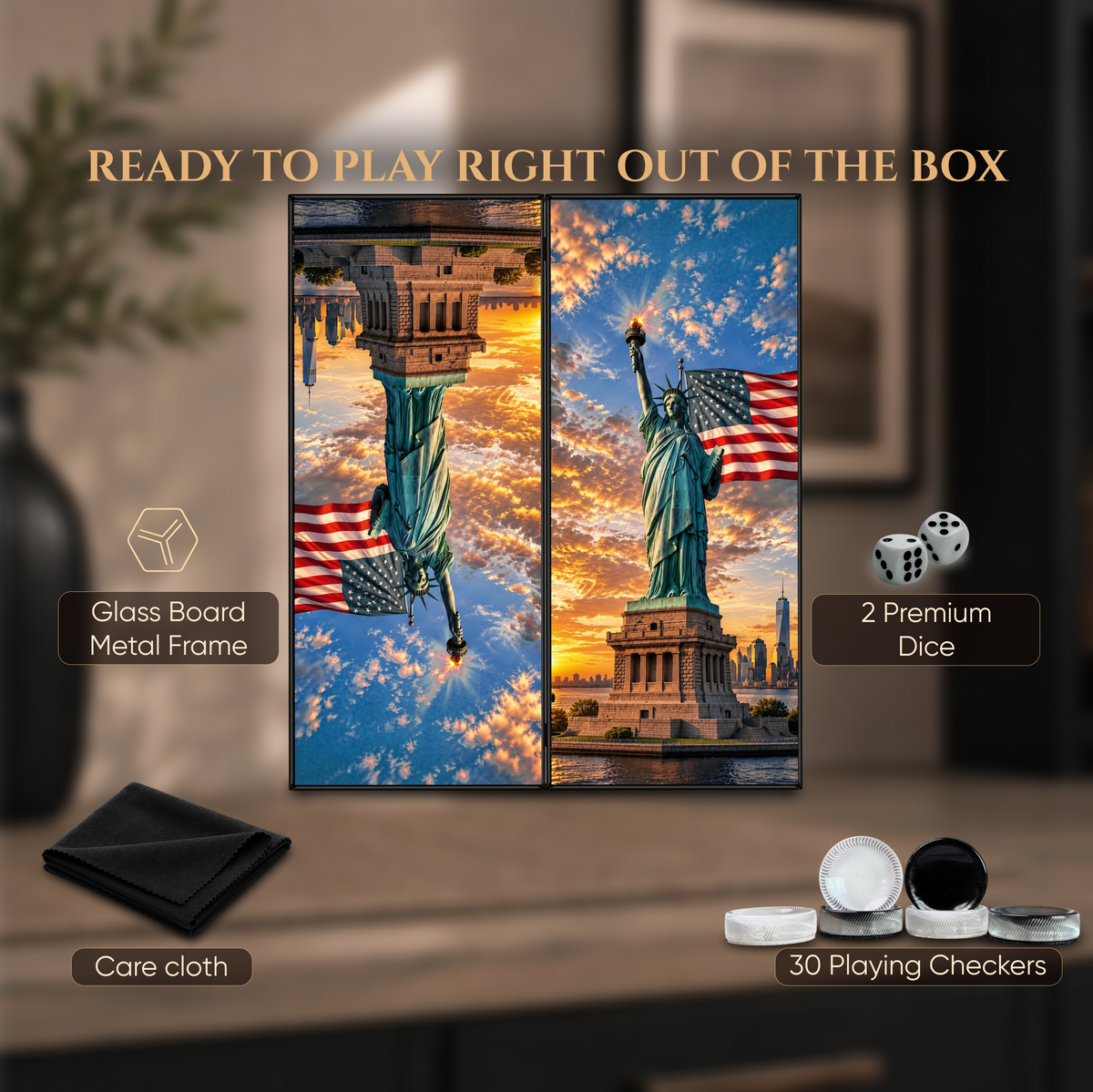 Statue of Liberty Glass Backgammon Set – Luxury New York Edition, Large 24"