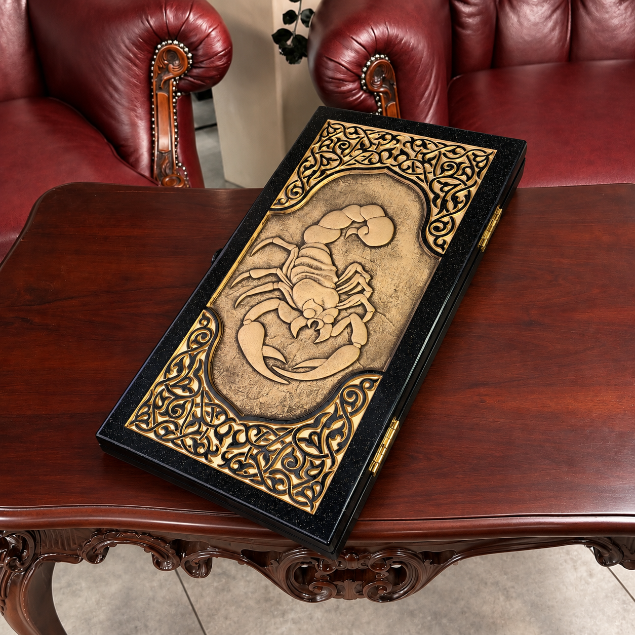 Backgammon de luxe en pierre acrylique noire « Scorpion » – 58 × 28 cm | Réf. 190640 